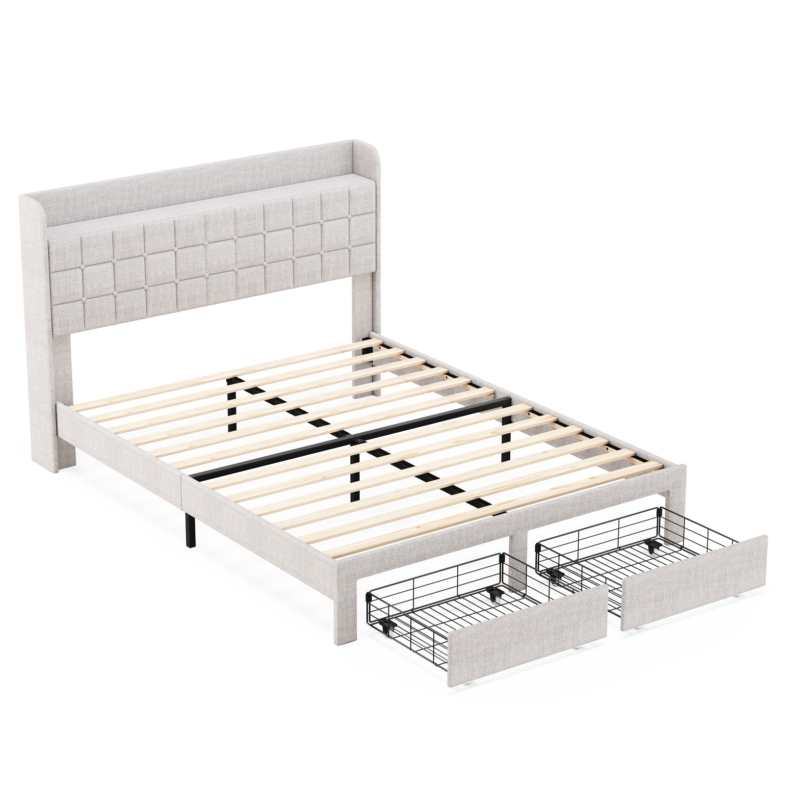 Sweetcrispy - Queen Beige Upholstered Platform Bed Frame with 2 Storage Drawers and Fabric Headboard