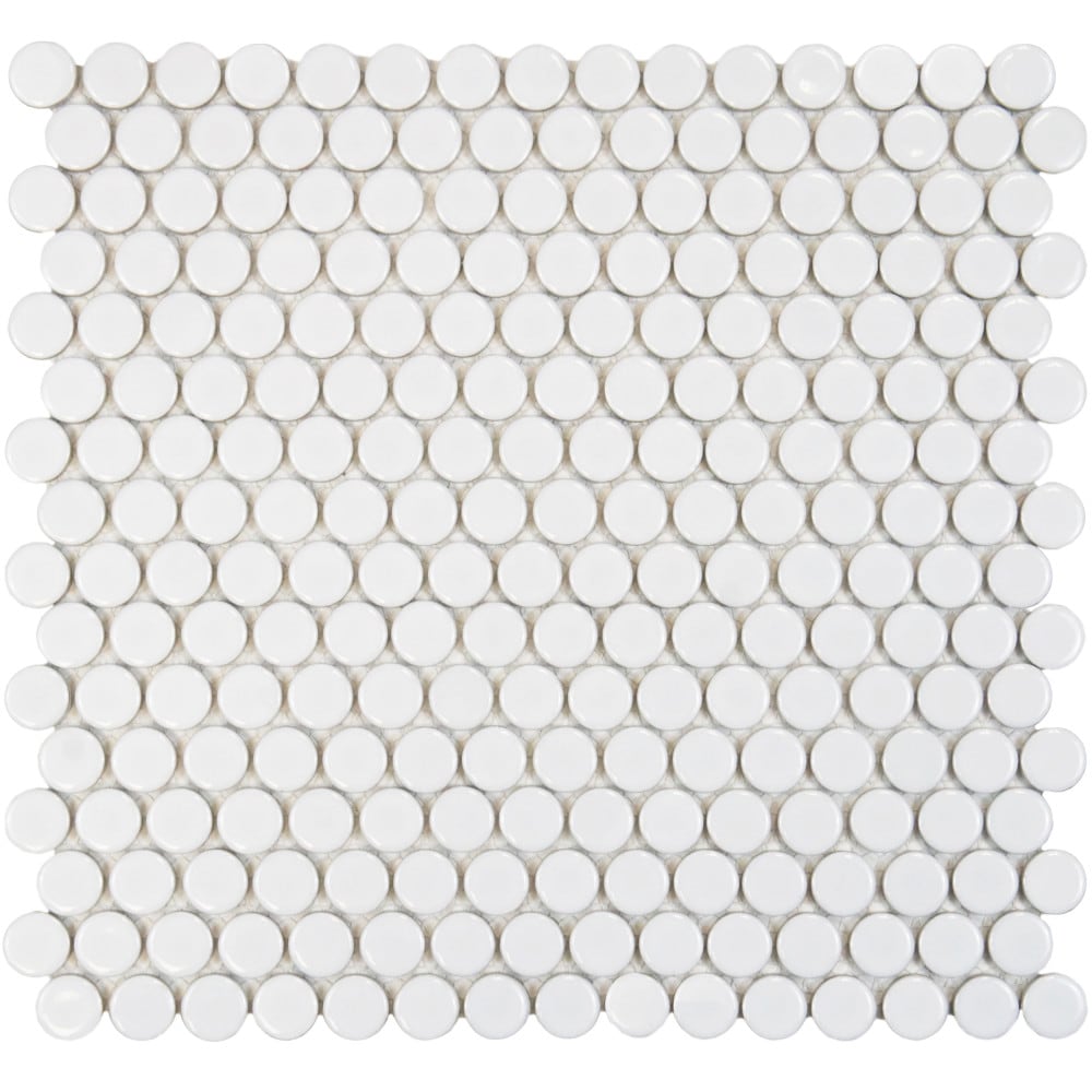 Affinity Tile FKOMPR11 Hudson Penny Glossy White 12-in x 13-in Glossy Porcelain Stone Look Penny Round Mosaic Floor and Wall Tile (10.7-sq. ft/ Carton)