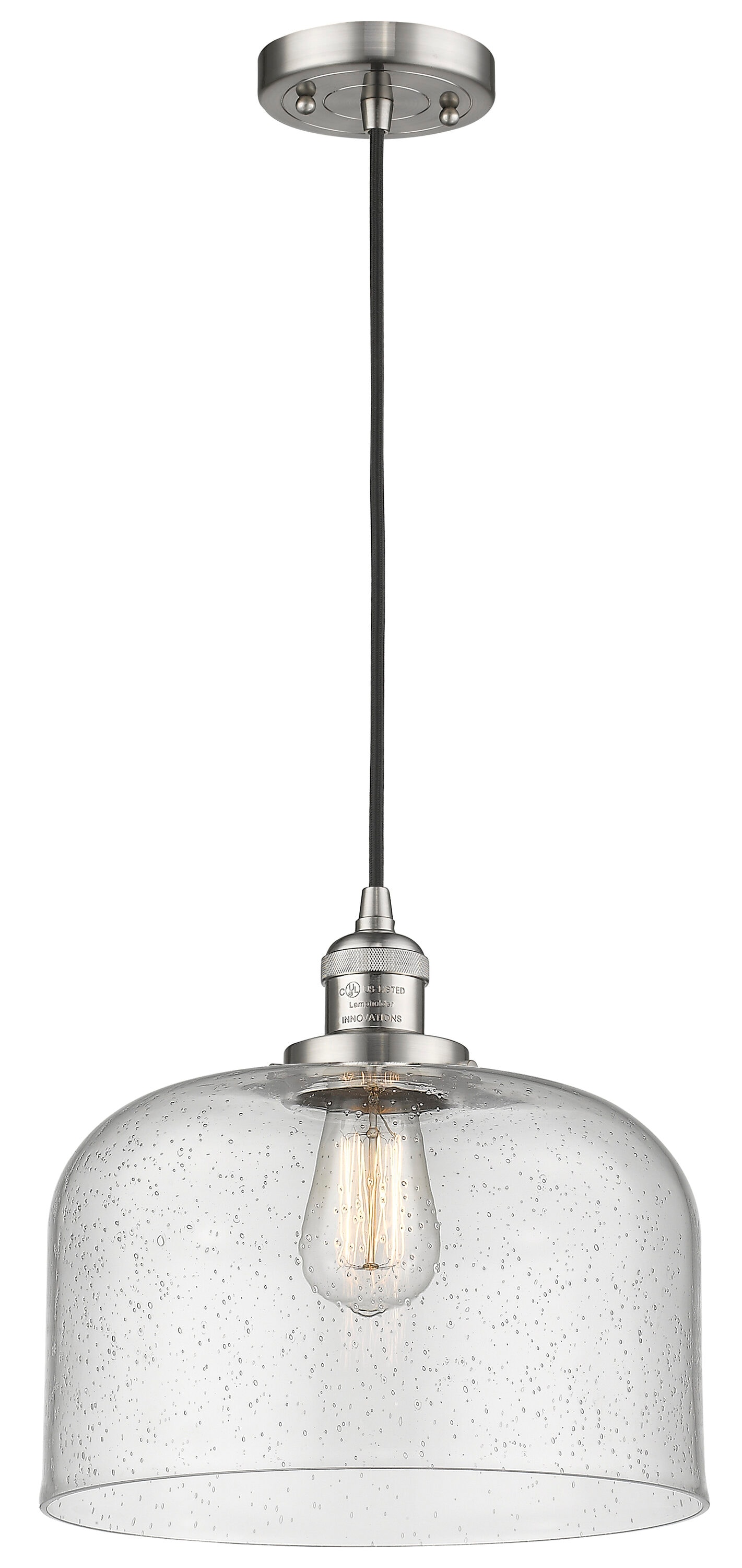 Innovations Lighting 201C-SN-G74-L Bell Brushed Satin Nickel Industrial Seeded glass Bell Mini Hanging Pendant light