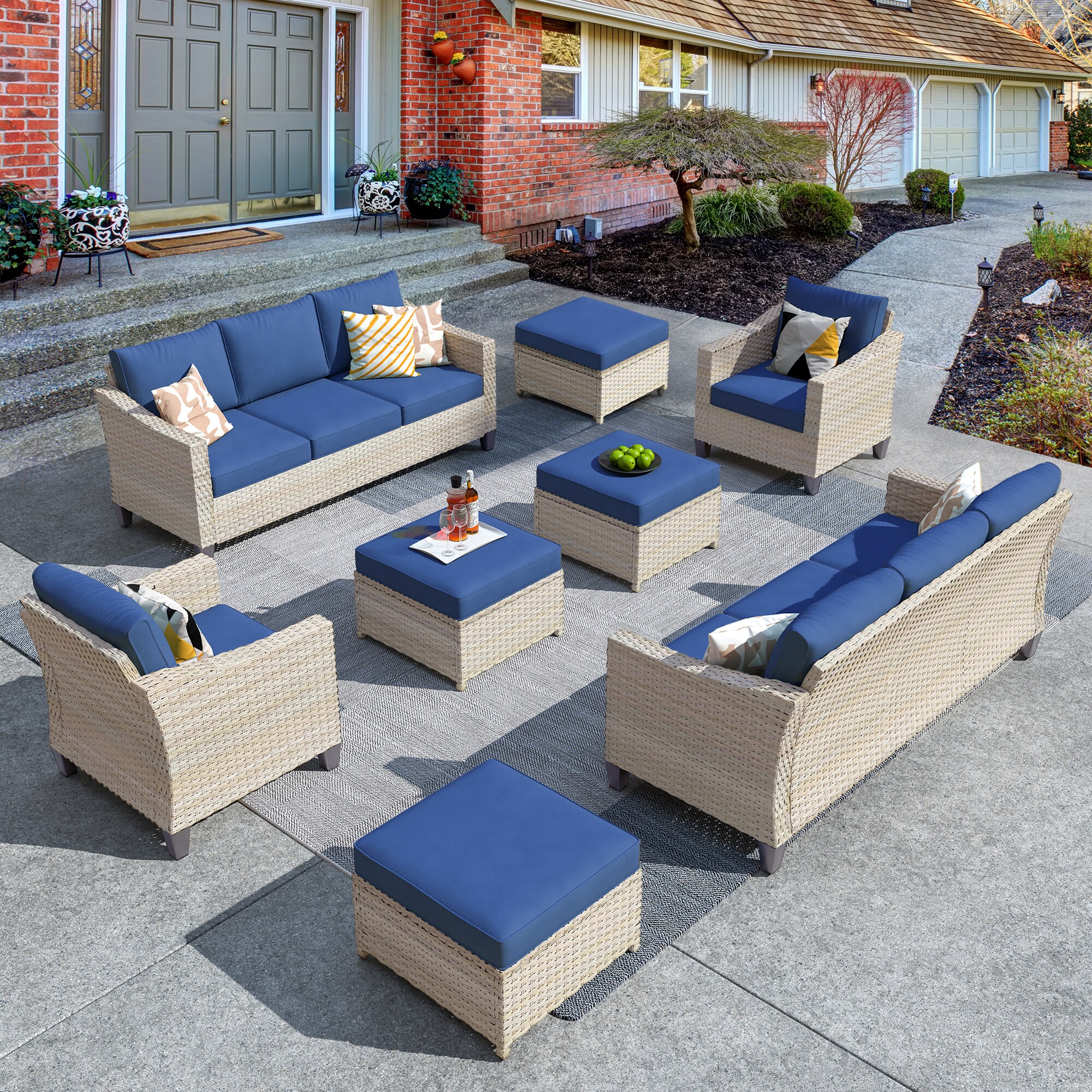 Pouuin SDAR708 8 -Piece Rattan 2 Patio Sofa Conversation Set with Blue Cushions