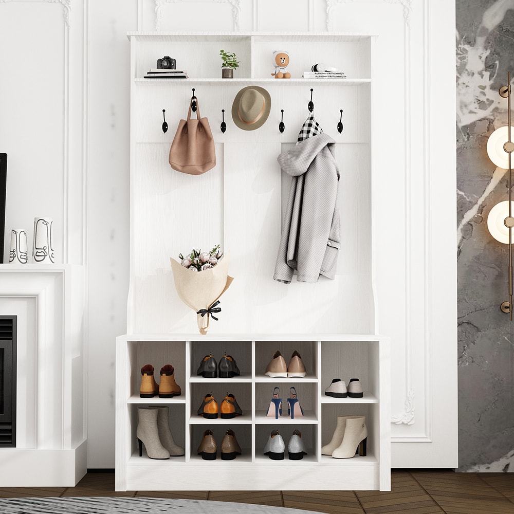  V-KF020332-01 Modern Hall Tree with Storage Bench 4 in 1 Entryway Bench with Coat Rack 7 Metal Hooks Open Shelves 10 Cubes 39.4''L x 15.7''W x 68.5''H White