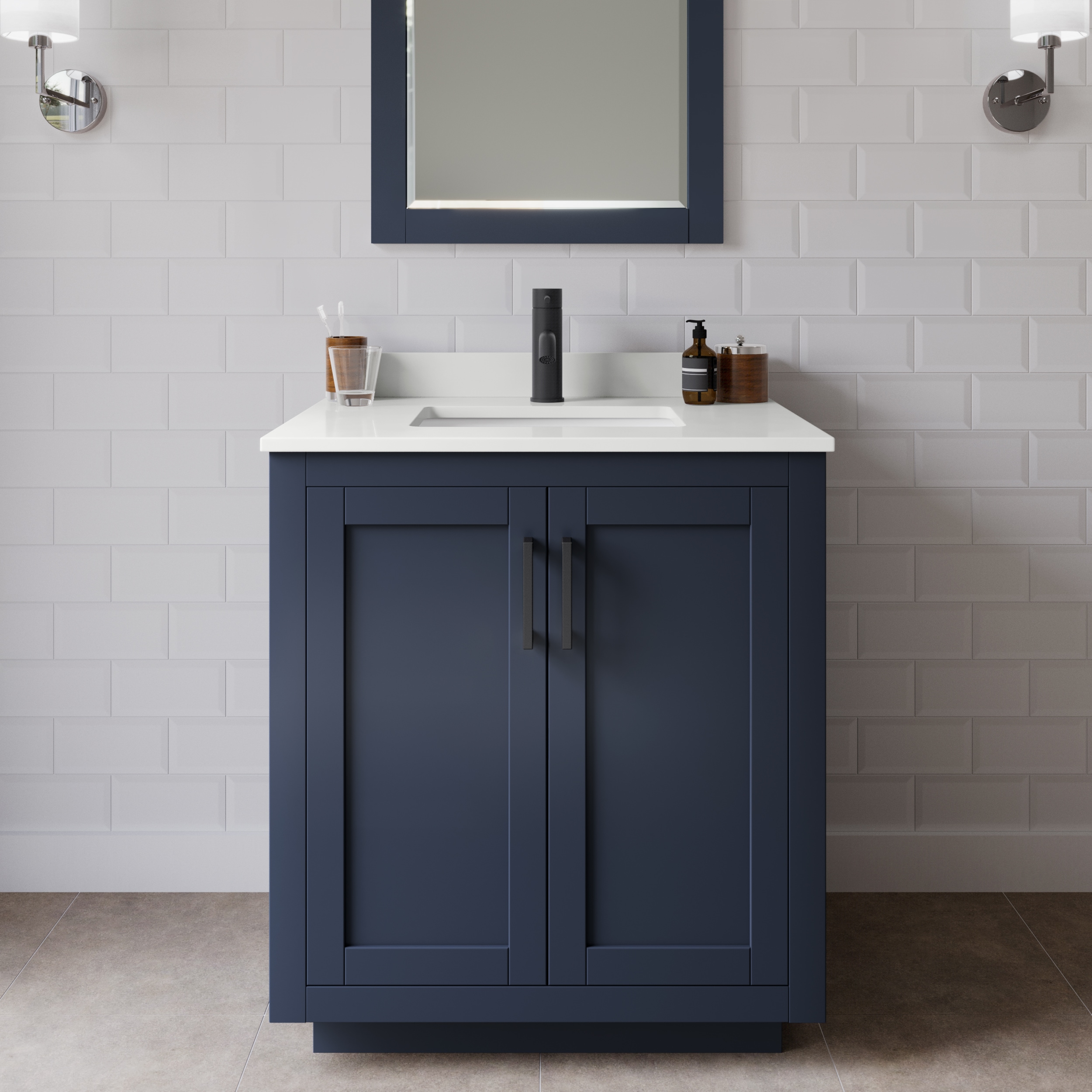 Wyndham Collection WCF292930SBBWQUNSM24 Miranda 30-in Dark Blue Undermount Single Sink Bathroom Vanity with White Quartz Top (Mirror Included)
