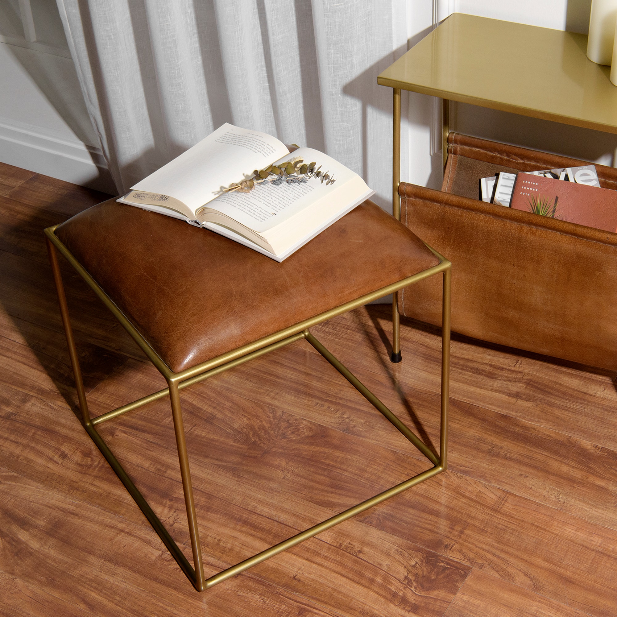 Best Home Fashion STOOL-PR02-LEATHER 17-in W x 17-in H Tan Faux leather Square Casual End Table