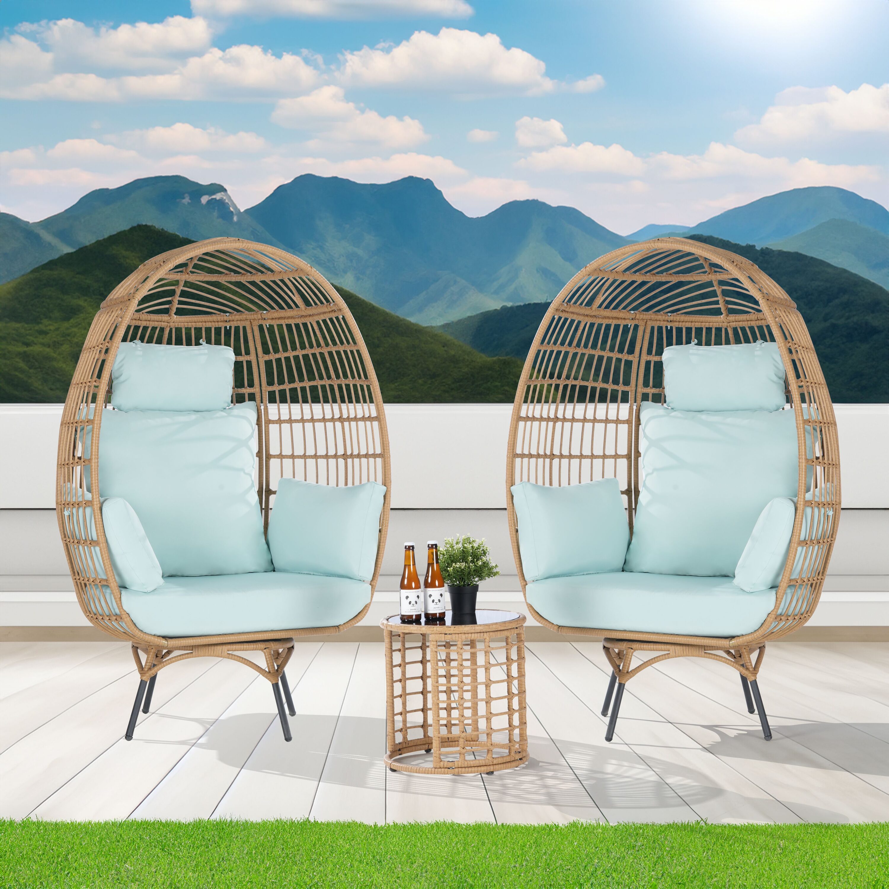 SANSTAR L-RJDC54TF-3P 3 -Piece Wicker Patio Conversation Set with Blue Cushions