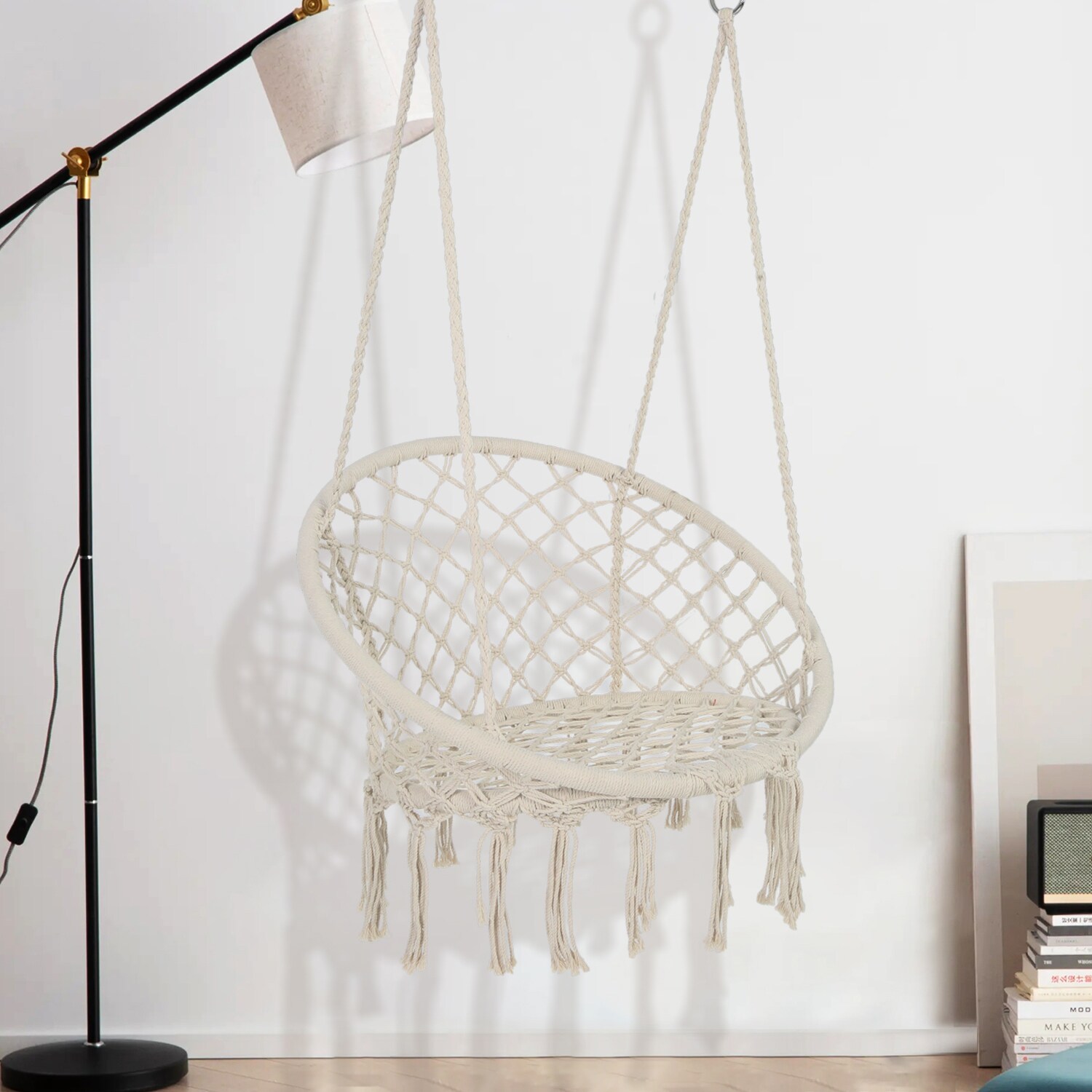 Maincraft Stackable White Hanging Egg Chair with Tan Woven Seat at ...