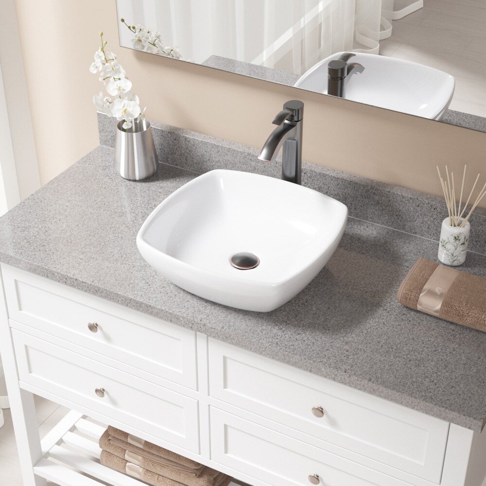 MR Direct V1802-W-726-ABR Porcelain Vessel Rectangular Traditional White Bathroom Sink with Faucet Included with Drain Included ( 16.5-Inches x 16.25-Inches )