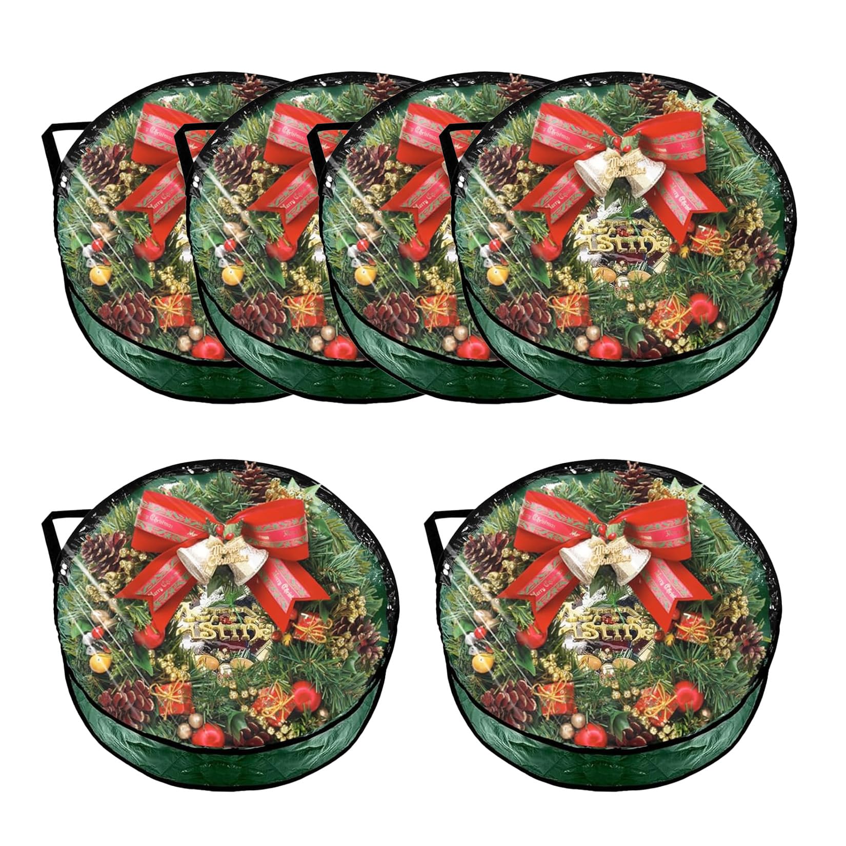 GarveeLife 6 Pack Holiday Wreath Storage Bag 24 Inch Green PE PVC Tear Resistant Christmas Wreath Container Garland Storage Pouch with Handles