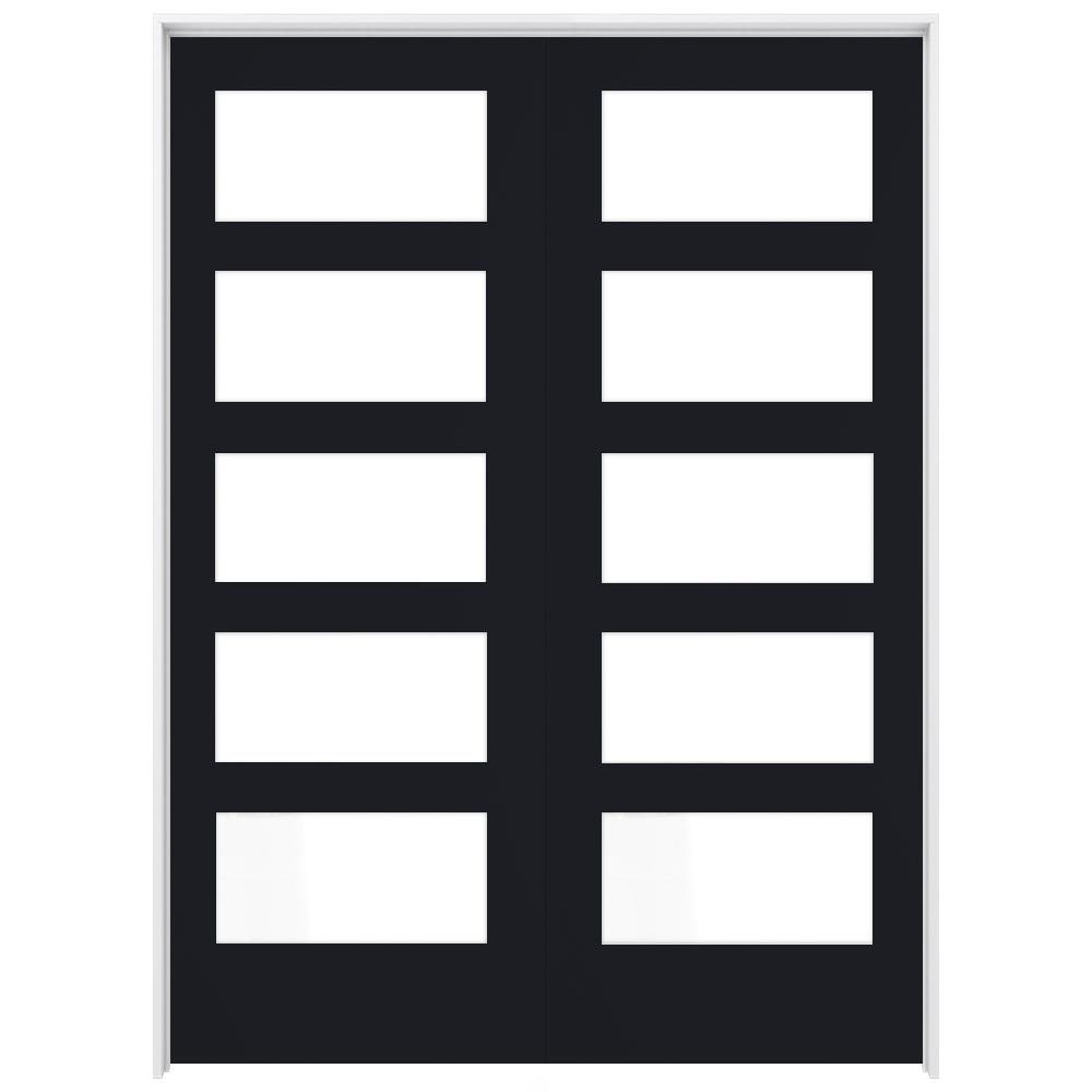 RELIABILT LO1370669 60-in x 80-in Midnight Solid core 5-panel equal Frosted glass Reversible/Universal Smooth Prefinished Pine Wood Flat Jamb Double Prehung Interior Door