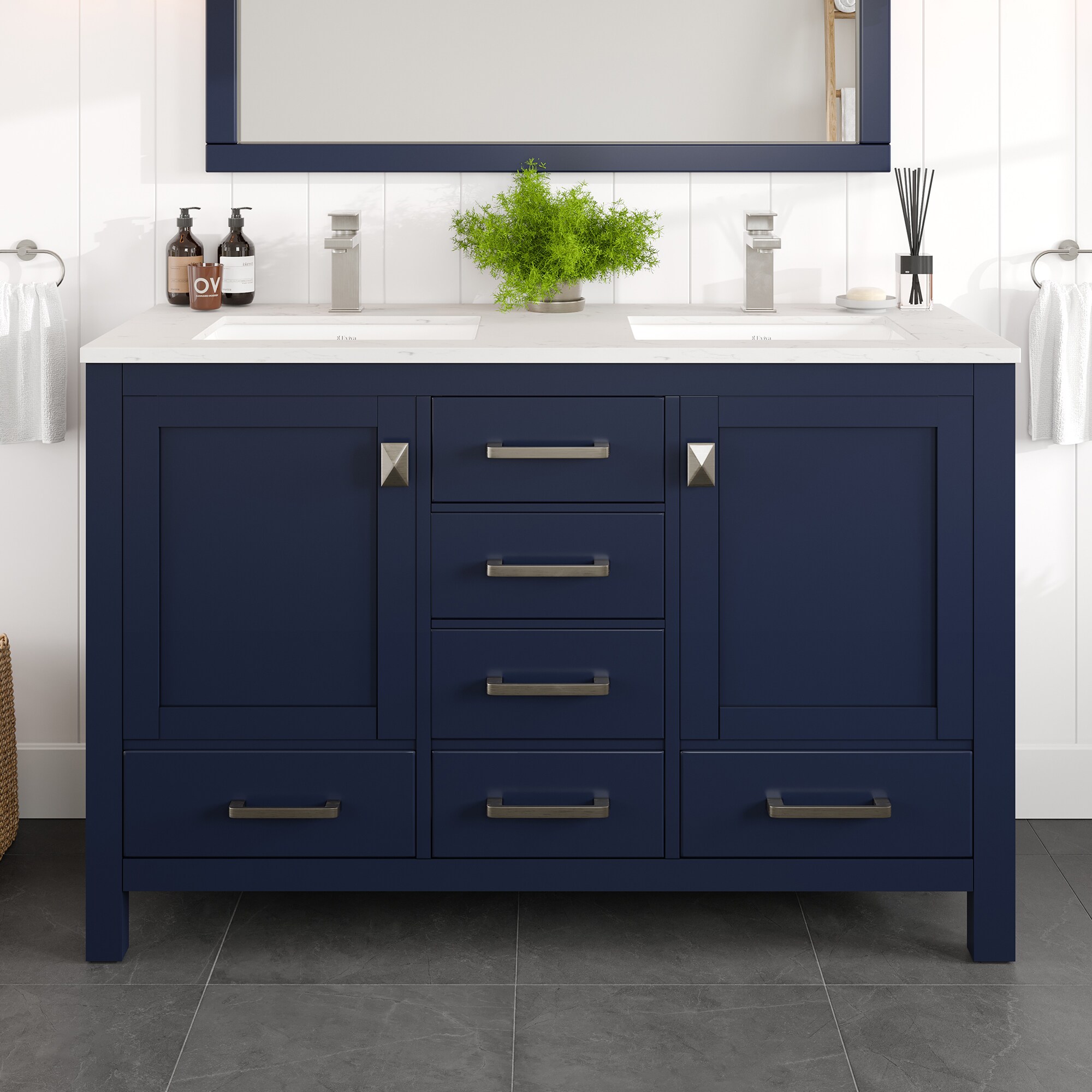 London 54" Blue Solid Wood Double Sink Bathroom Vanity with Quartz Top