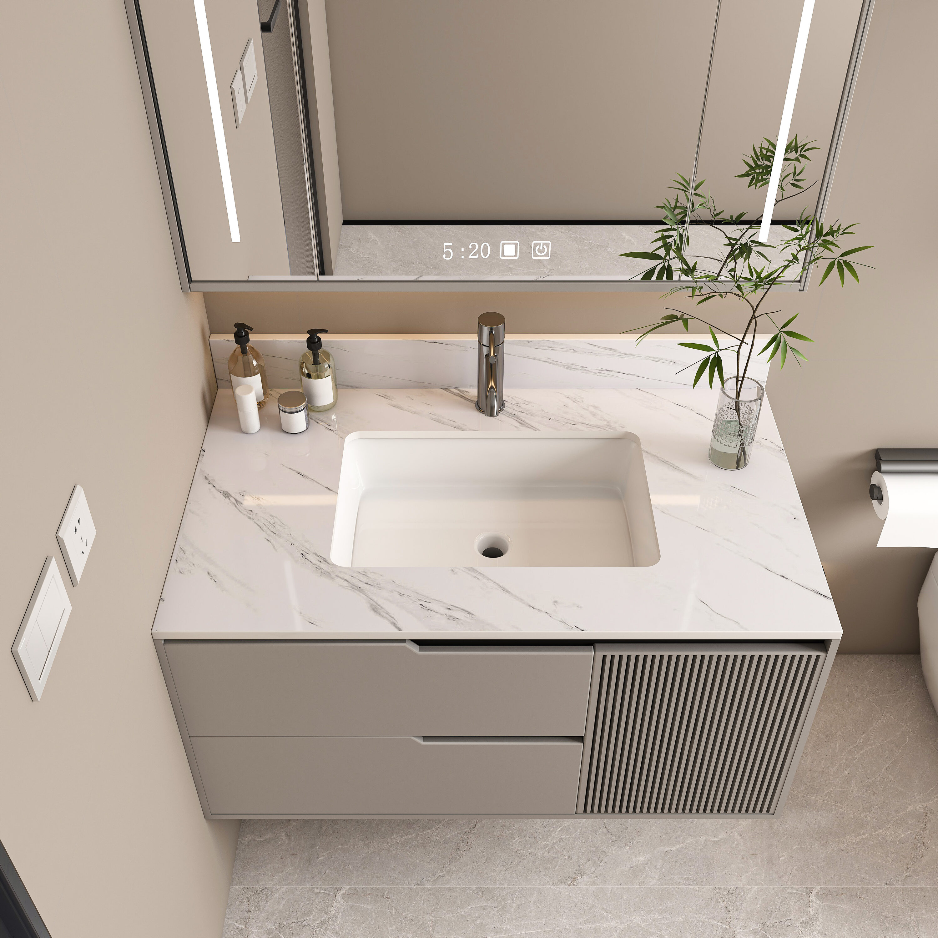 LOVMOR SF-H-W2700P194074 37-in Wide Vanity Top with 4-in Backsplash Carrara White Marble Design Sintered Stone Material