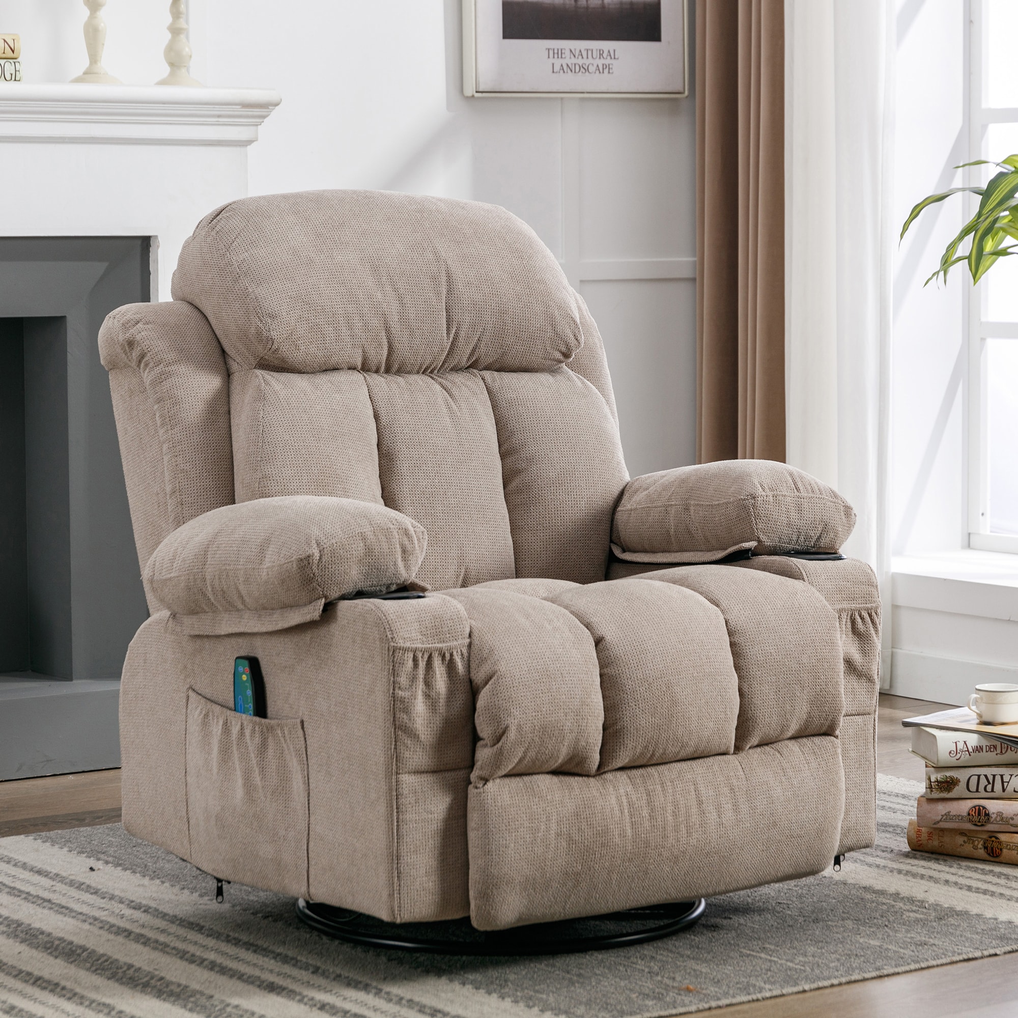GZMR GZ-VB52967 Swinging recliner massage heated sofa Light Brown Velvet Upholstered Swivel Massage chair