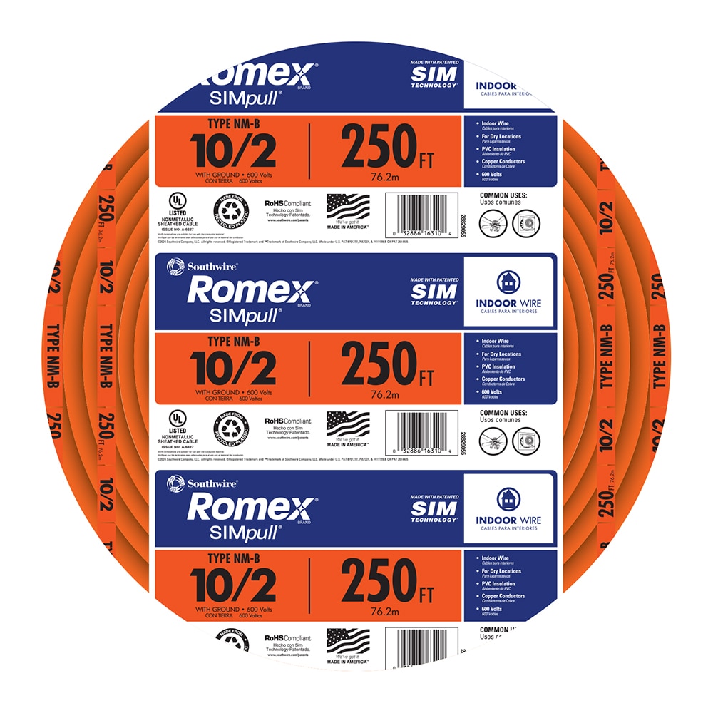 Southwire 28829055 250-ft 10 / 2 / Romex SIMpull Solid Indoor CU NM-B W/G Individual pack ( By-the-roll )