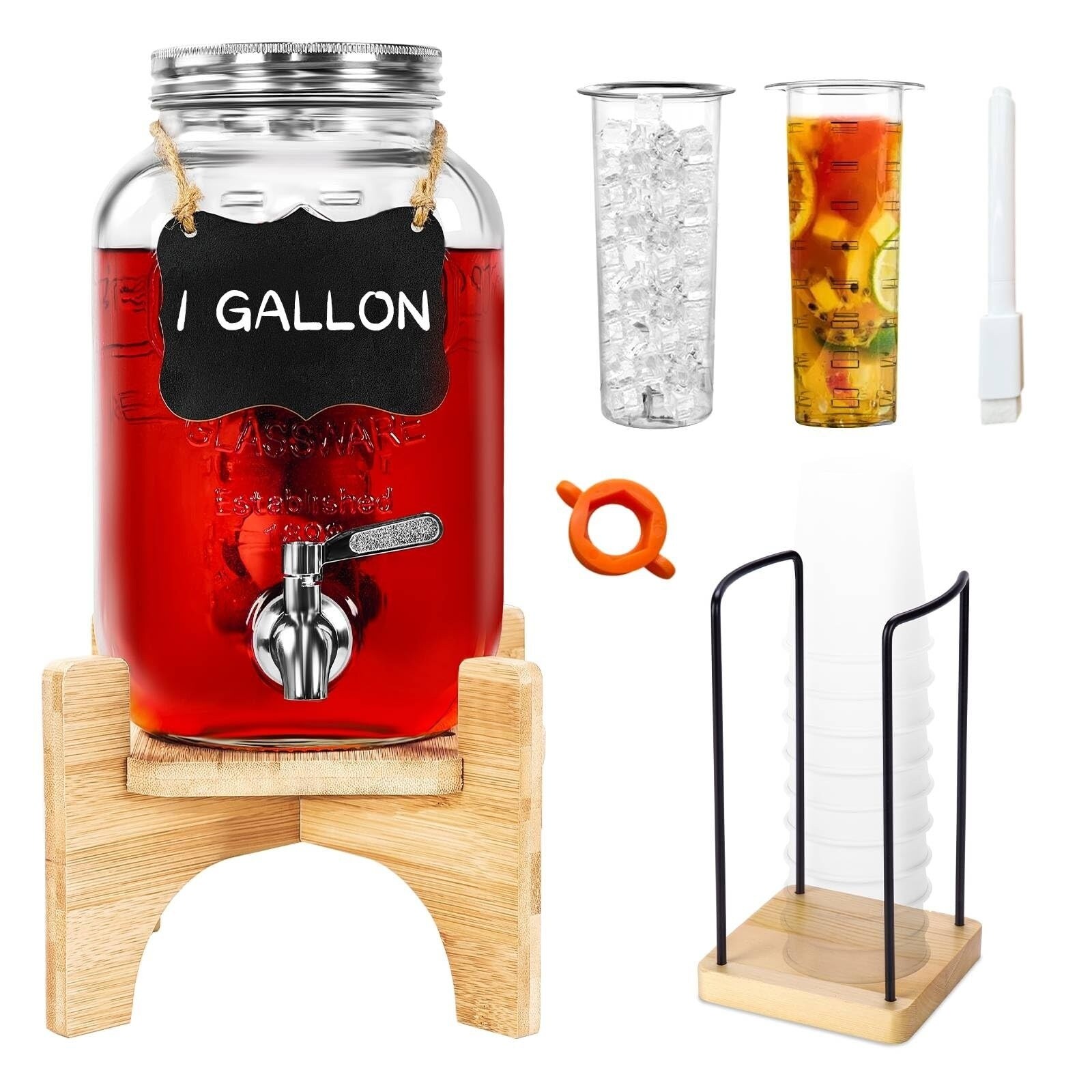 Aoibox  1 Gallon Glass Beverage Dispenser with Bamboo Stand 18 8 Stainless Spigot Ice and Fruit Infuser Drink