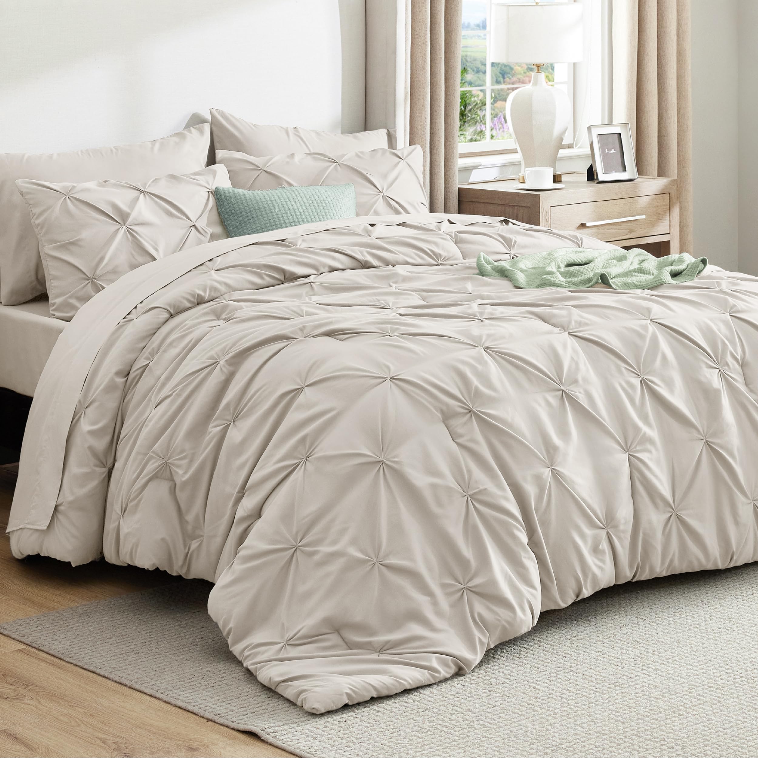 Bedsure 88x88 Queen 7-Piece Beige Pintuck Bed in a Bag