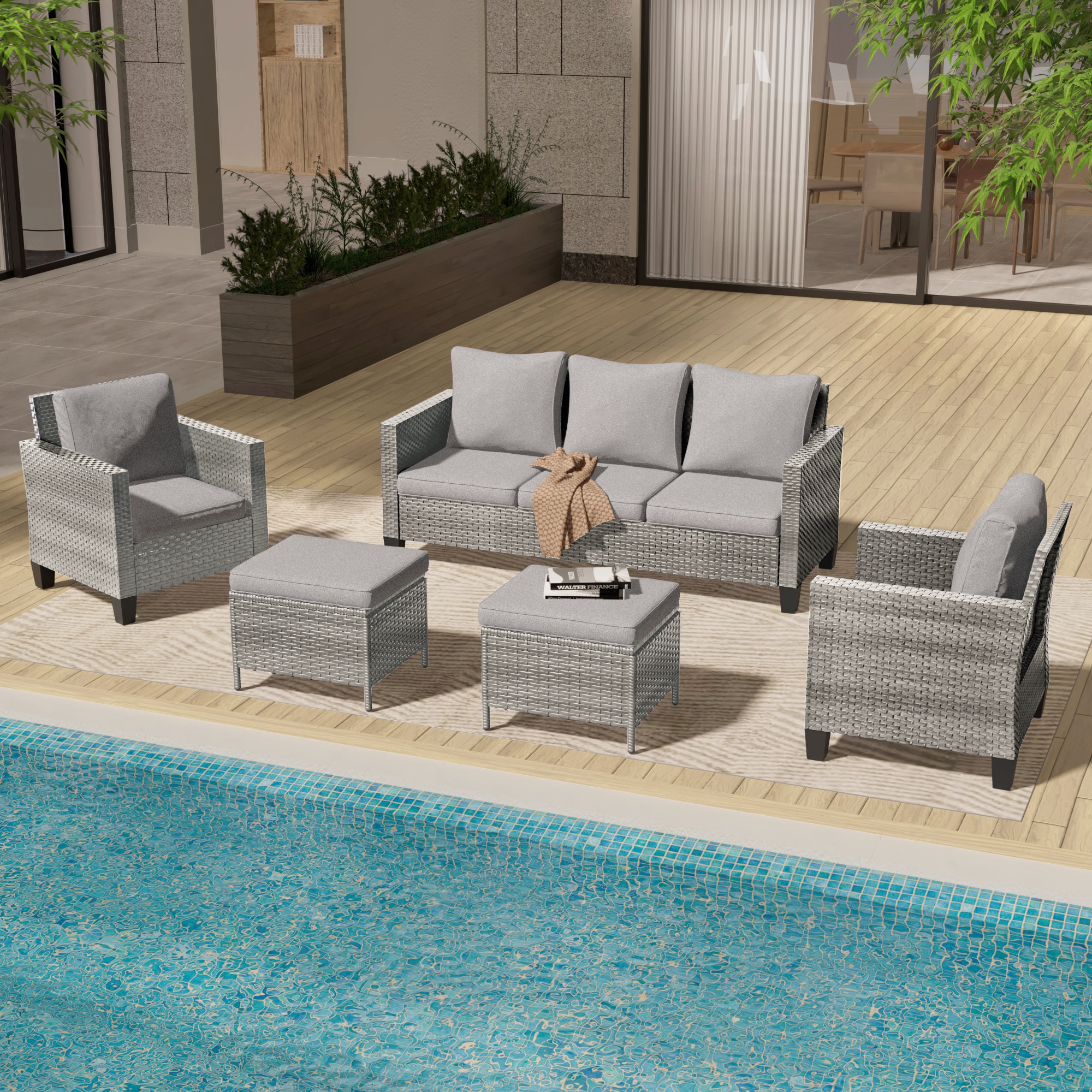 Sonkuki SD-GY615LY-C3 5-Piece Wicker Patio Sofa Conversation Set with Gray Cushions