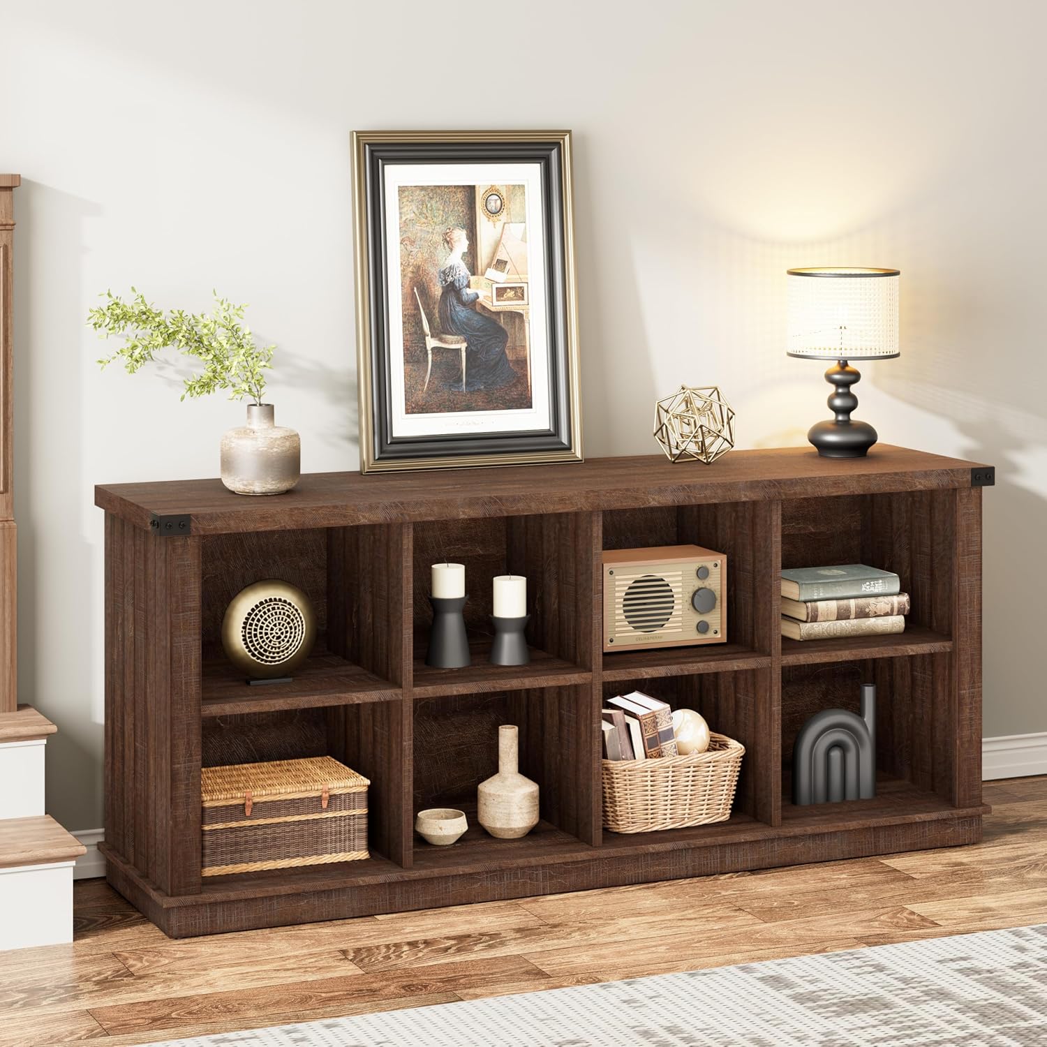 GAOMON - 8 Cube Storage Organizer 3 Tier Farmhouse Horizontal Bookcase for Living Room Entryway B...
