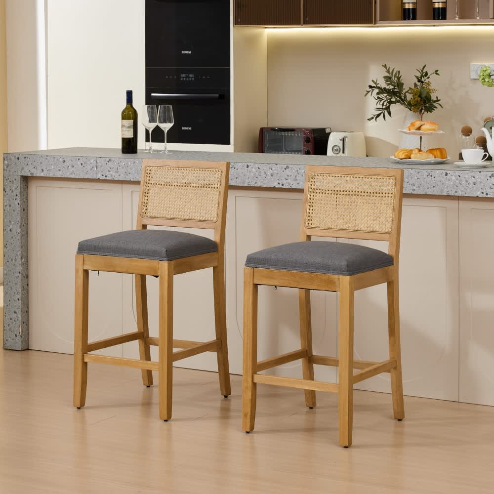 Coolbibila - Set of 2 Gray Linen Upholstered 28-in Counter Height Bar Stools with Rattan Back for...