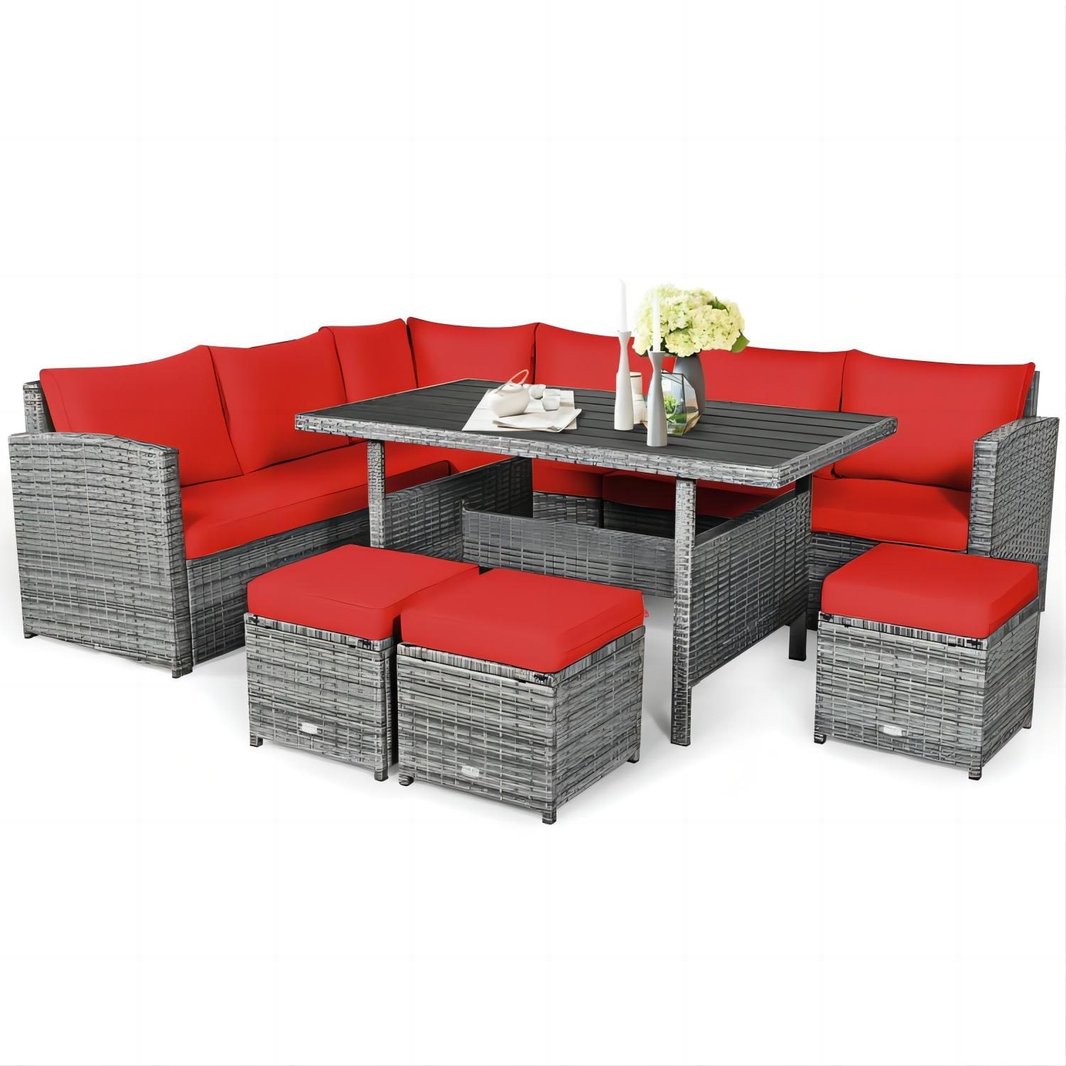 Forclover CGA-S00018 Patio Conversation Sets 7-Piece Rattan Patio Conversation Set with Red Cushions