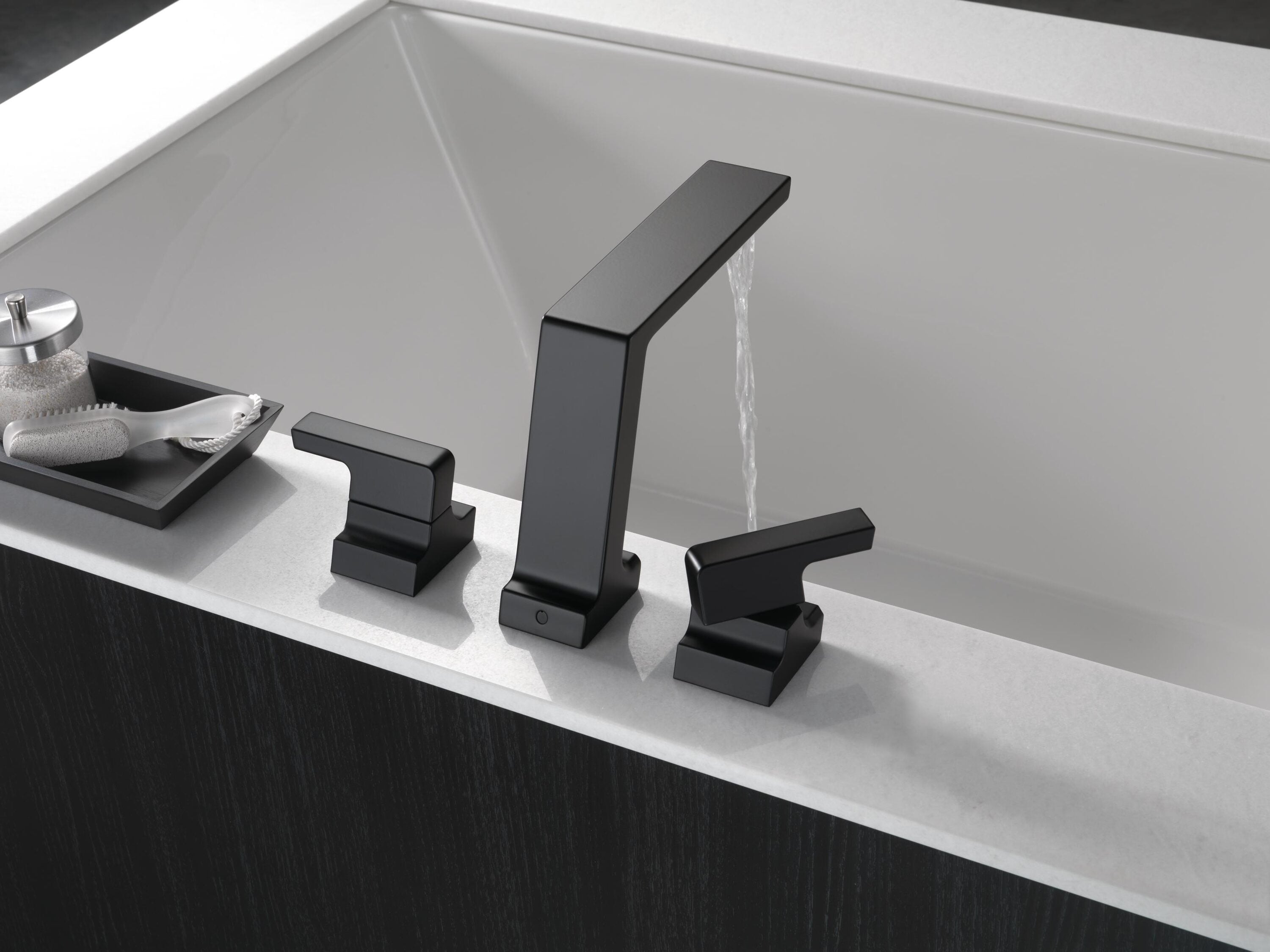 Matte Black Brass Modern Deck Mounted Widespread Faucet