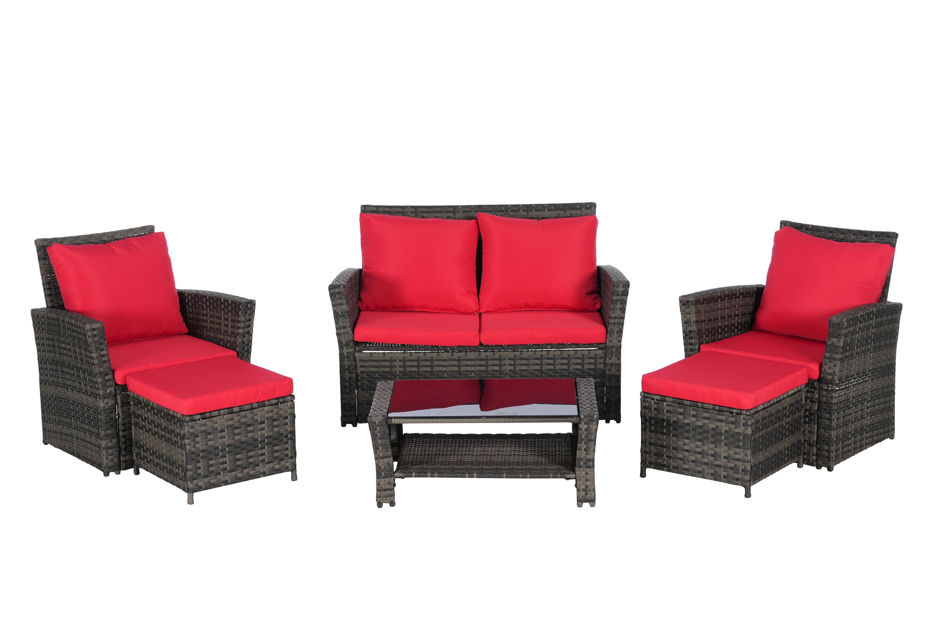 Forclover MONMQX01RE Outdoor Patio Set 6 -Piece Wicker Patio Conversation Set with Red Cushions