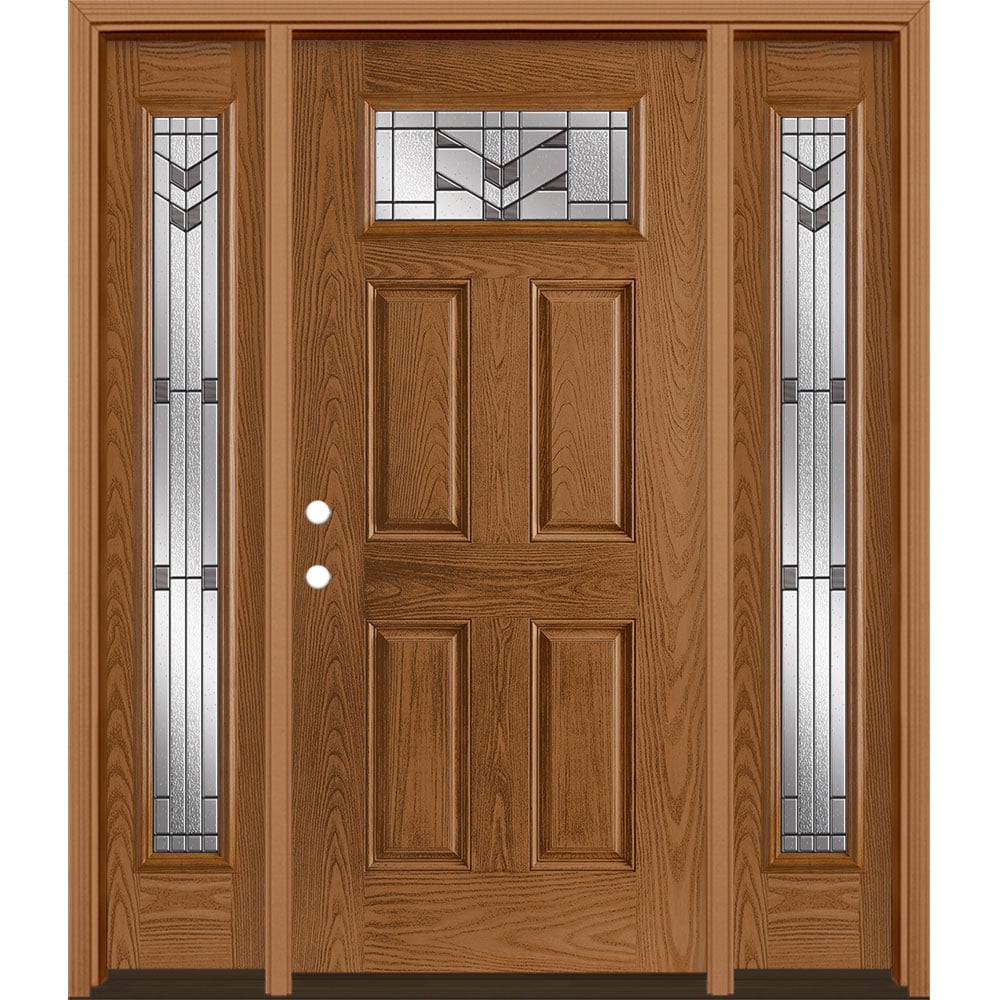 Masonite 3420298 Frontier 64-in x 80-in x 4-9/16-in Fiberglass 1/4 lite Right-hand inswing Woodhaven Stained Prehung Front Door with Sidelights with Brickmould Insulating core