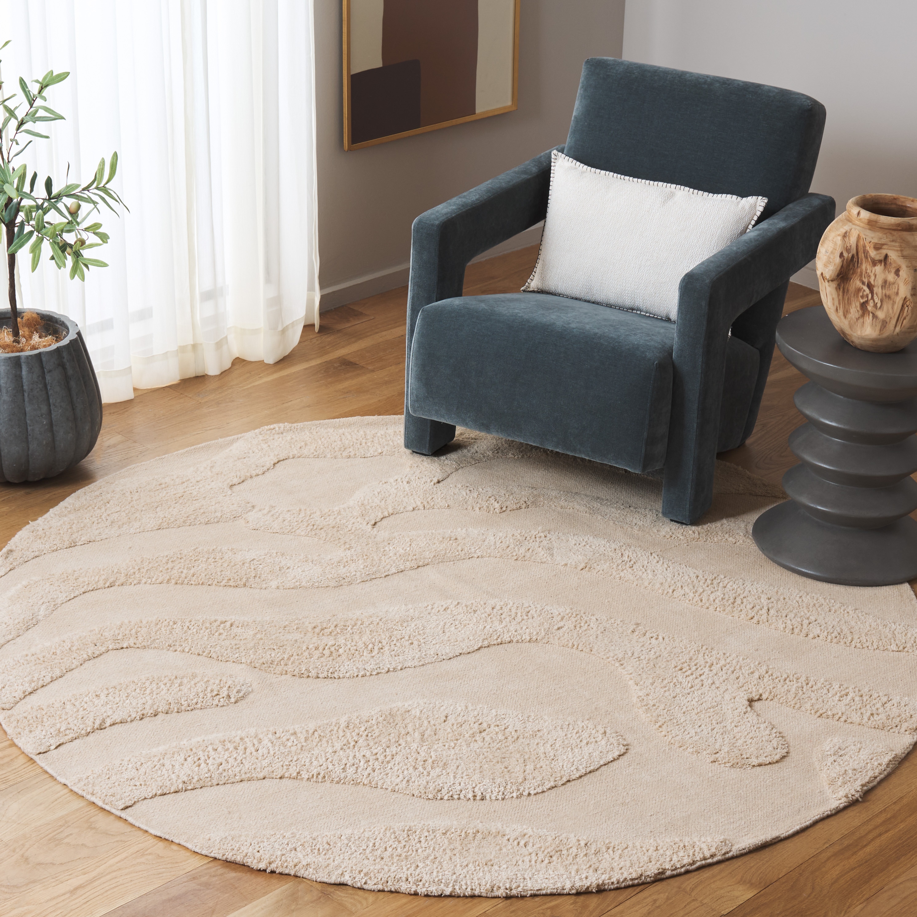  Easy Care 219 Ivory Contemporary 6ft x 6ft Round Rug