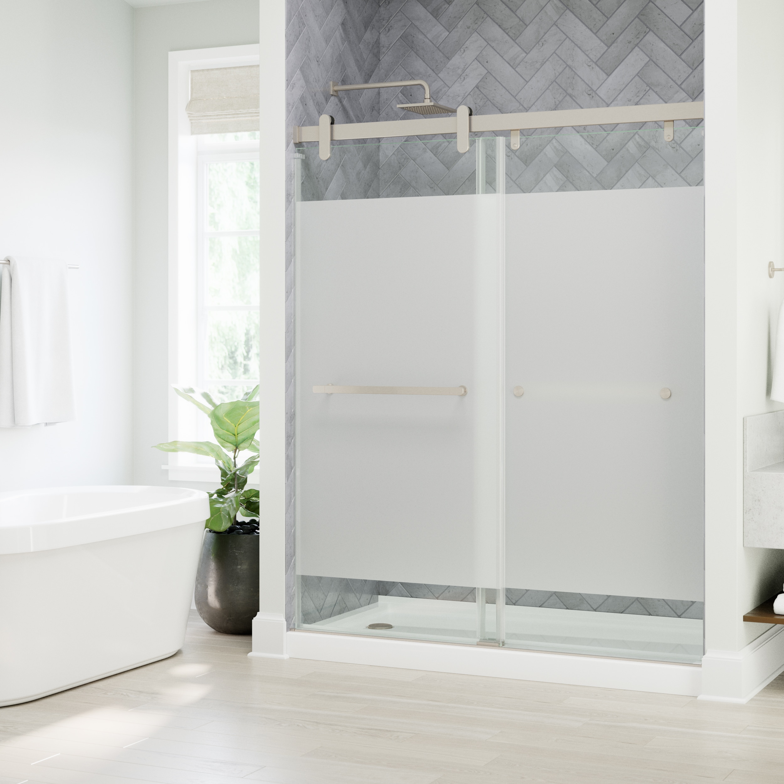 Delta SD7909878 Cabot Brushed Nickel 42-1/4-in W x 72.5197-in H Frameless Sliding Shower Door 5/16-in Thick Frosted Glass