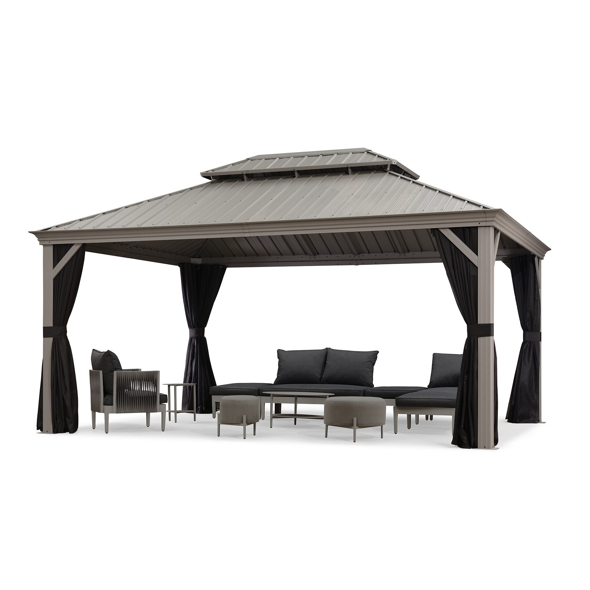 Light Gray 16' x 12' Aluminum and Steel Hardtop Gazebo with Curtains