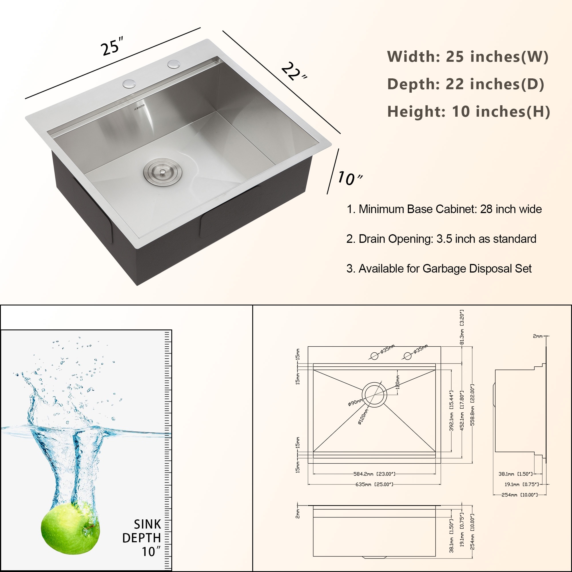 25" Stainless Steel Single Bowl Workstation Kitchen Sink with Accessories