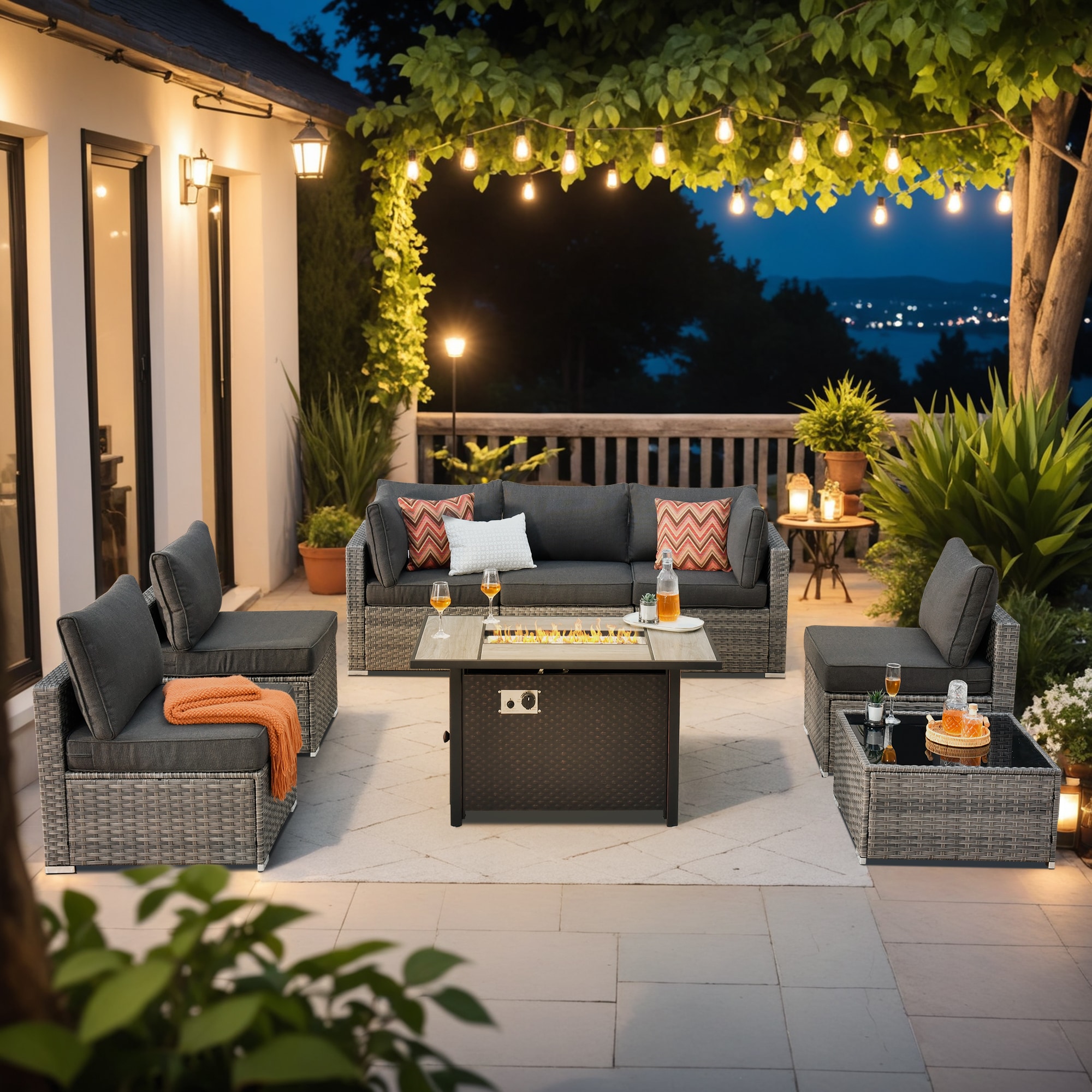 XIZZI XIHOPS104-IFP Sunrise 8-Piece Rattan Patio Sofa Conversation Set with Black Cushions