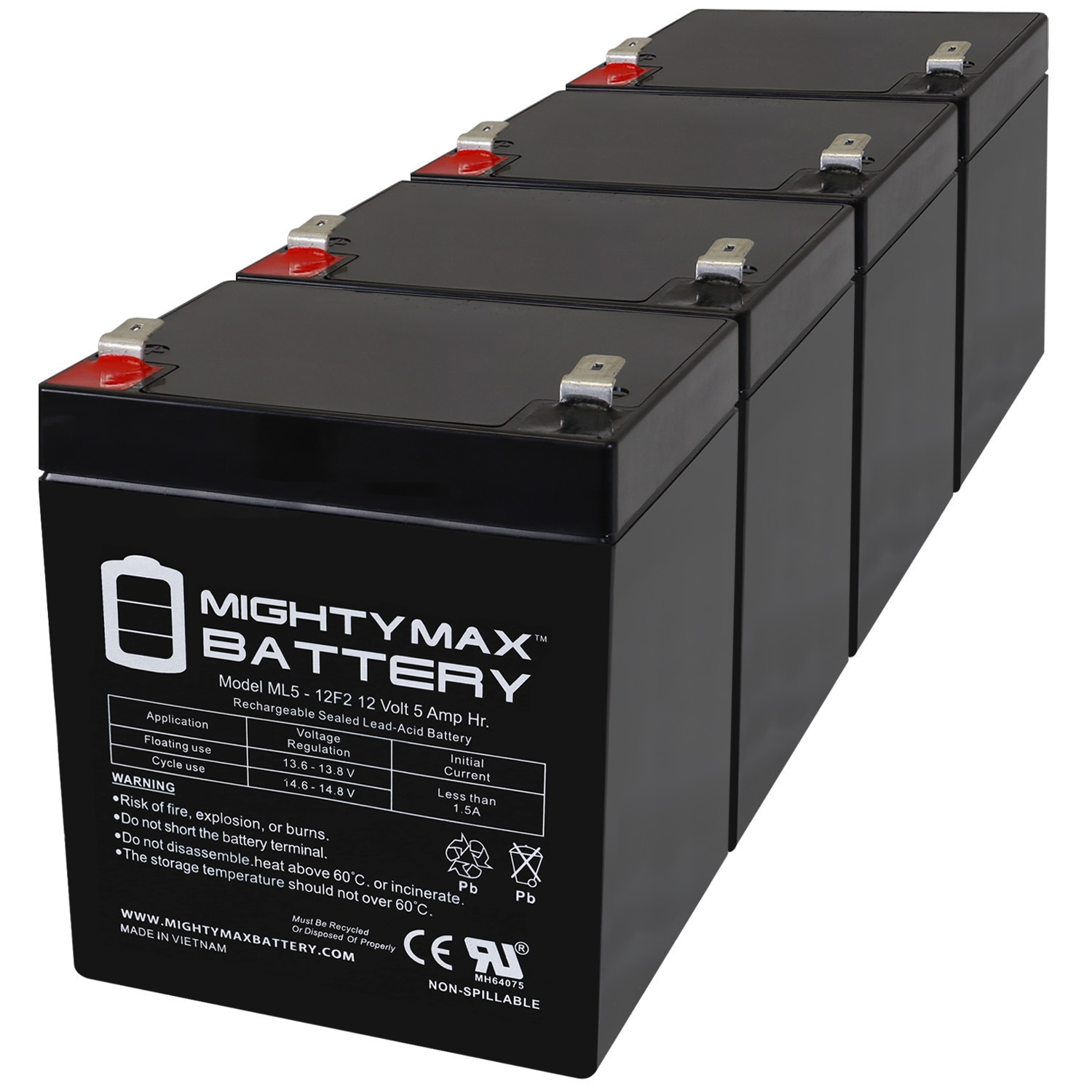 Mighty Max Battery MAX3975126 ML5-12F212 V 5 AH, F2 Terminal, AGM 4 Rechargeable Sealed lead acid 1250 Backup power Batteries 4 -Pack