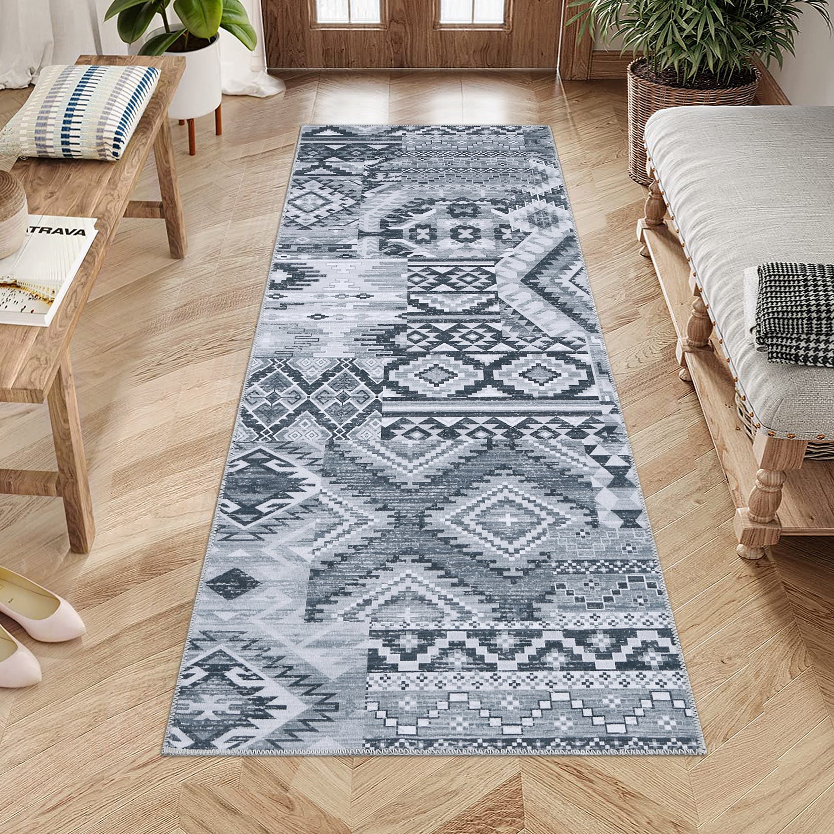 Garvee YXY-LO-PHO-0ZW134MF 2 x 10 (ft) Loomed Polyester Gray Rectangular Indoor Abstract Vintage Machine washable Runner rug