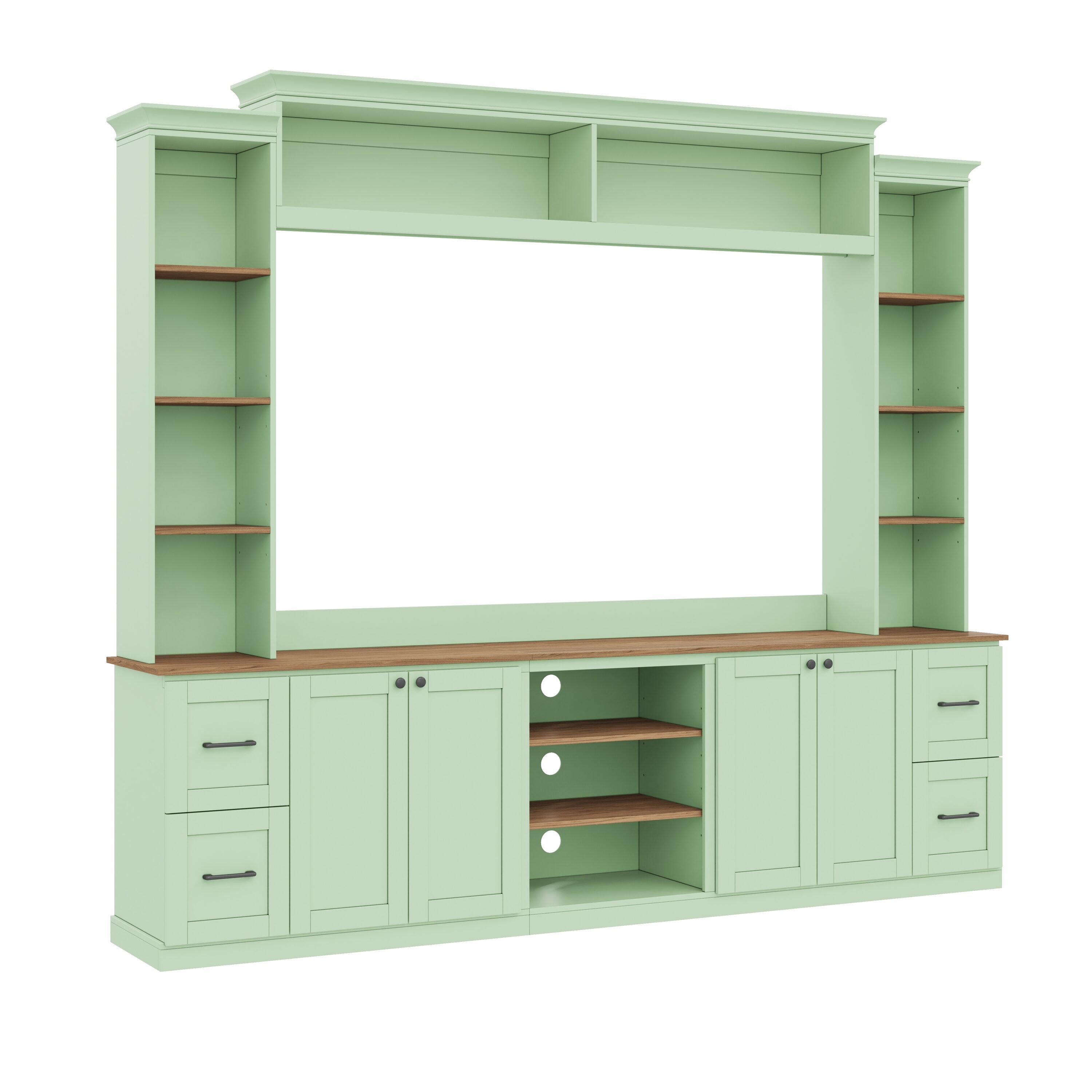Horizons Prime 95 inch Mint Green and Walnut Entertainment Center Wall Unit with Bookshelf for TVs Up to 70 inch with Adjustable Shelves and Drawers
