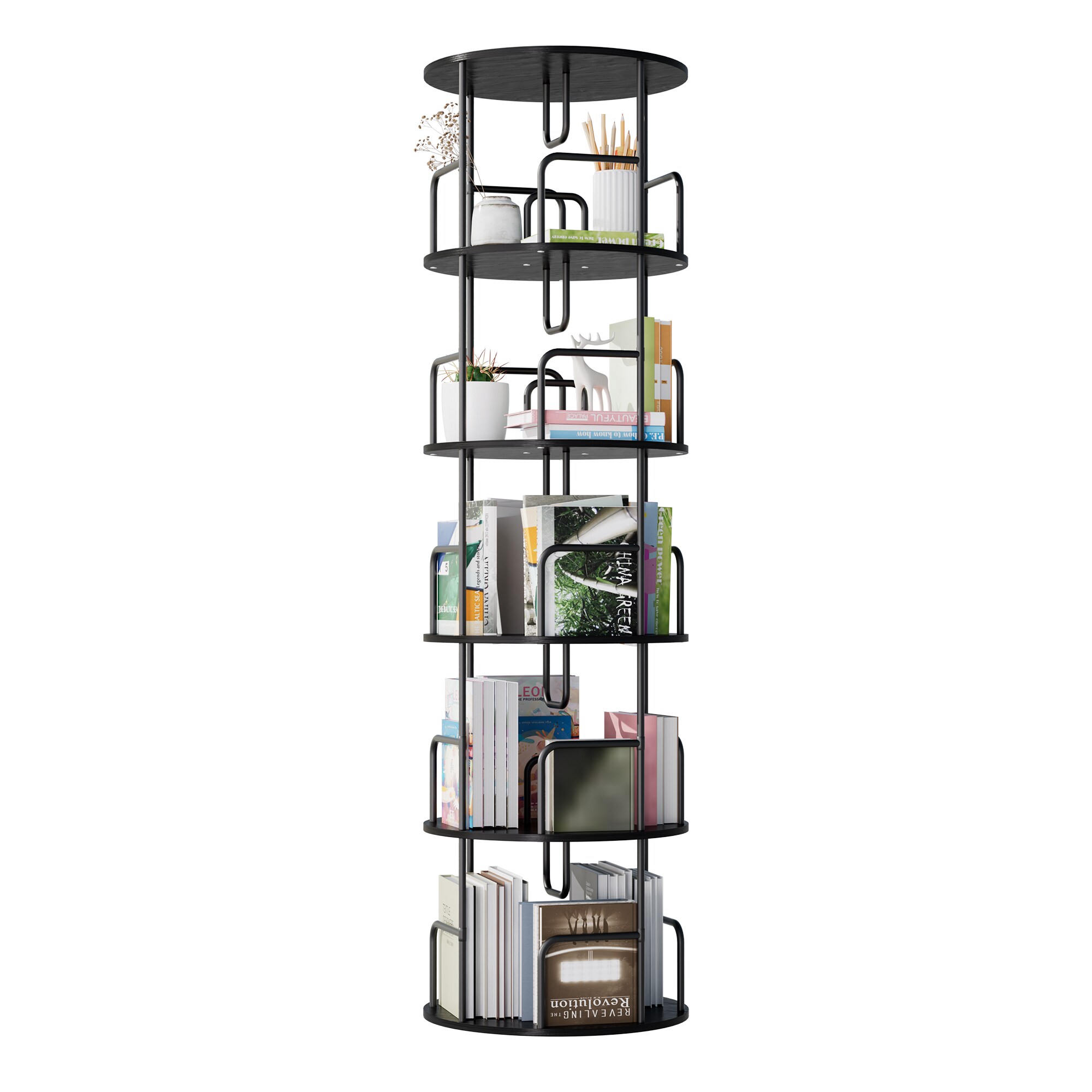 JUSHUA Rotating Bookshelf Tower 5 Tier Spinning Bookcase Revolving 360 Degree Book Shelf Narrow Tall Bookcase Vertical Turning Round storage Bookshelf Book Shelf Organizer for Bedroom Living Room Black