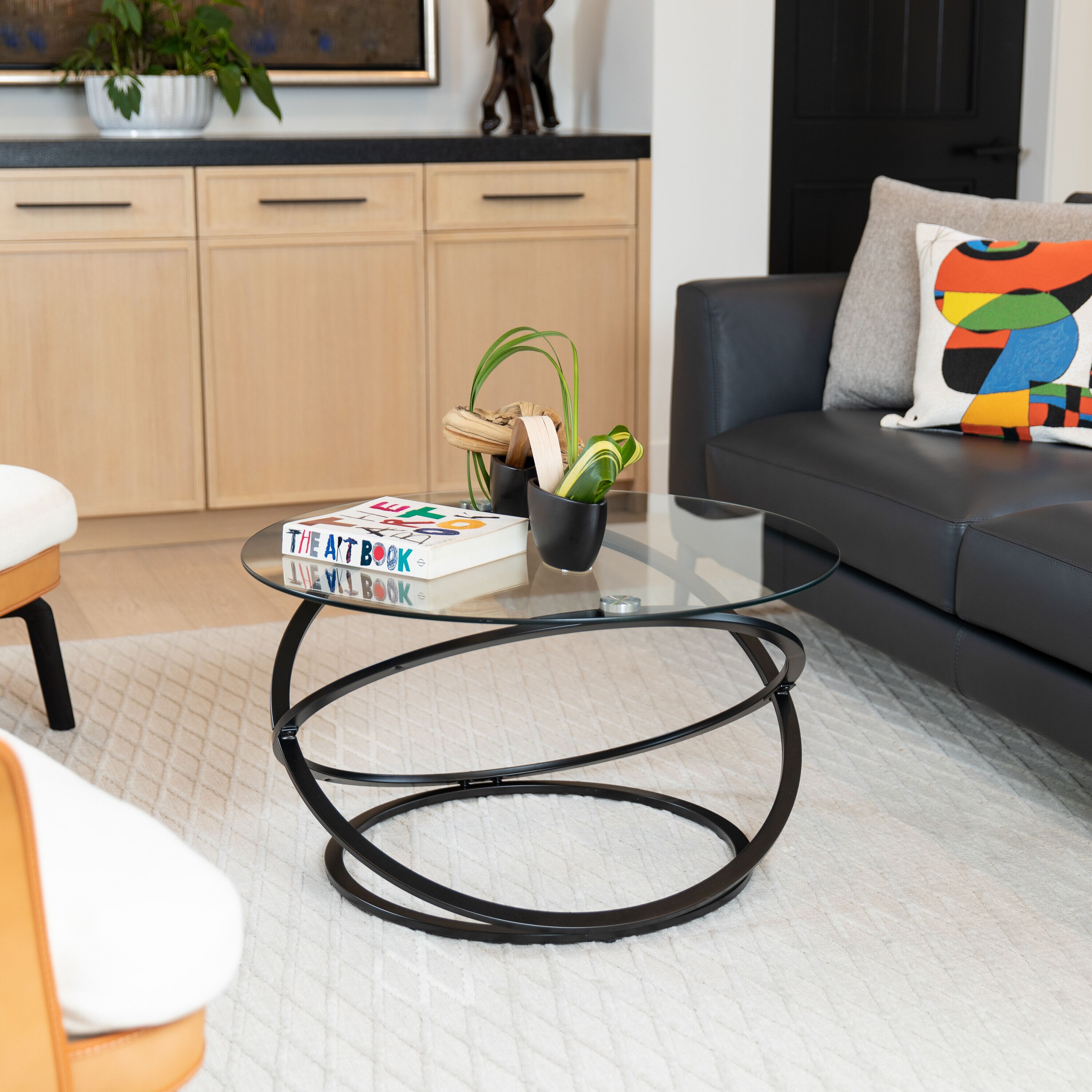 31.5" Round Clear Glass Coffee Table with Black Metal Base