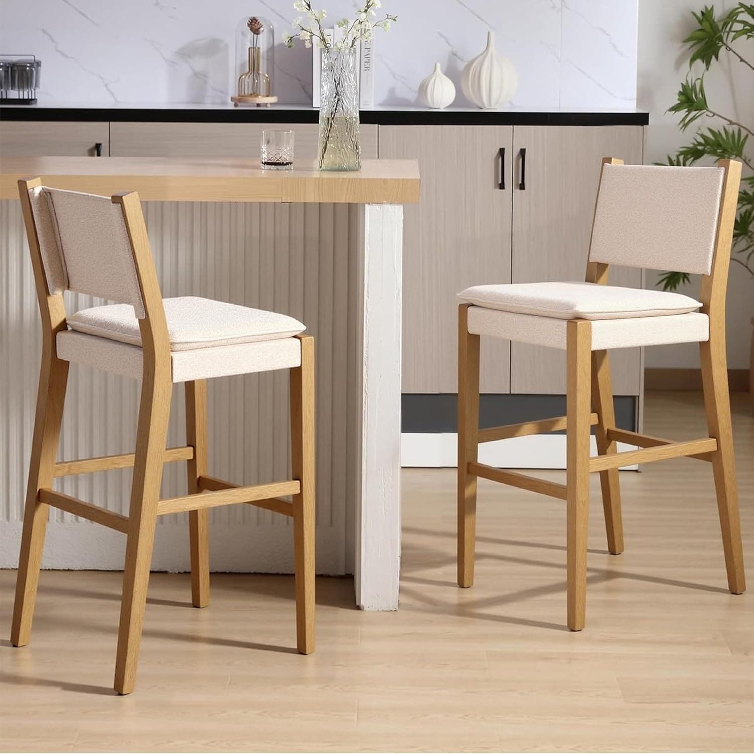 Jayden Premium Solid Wood Mid Century Upholstered Bar Stools 29in Set of 2 Solid Rubberwood Legs Natural Flax Modern Light Brown Finish for Kitchen Island Dining Room Home Bar