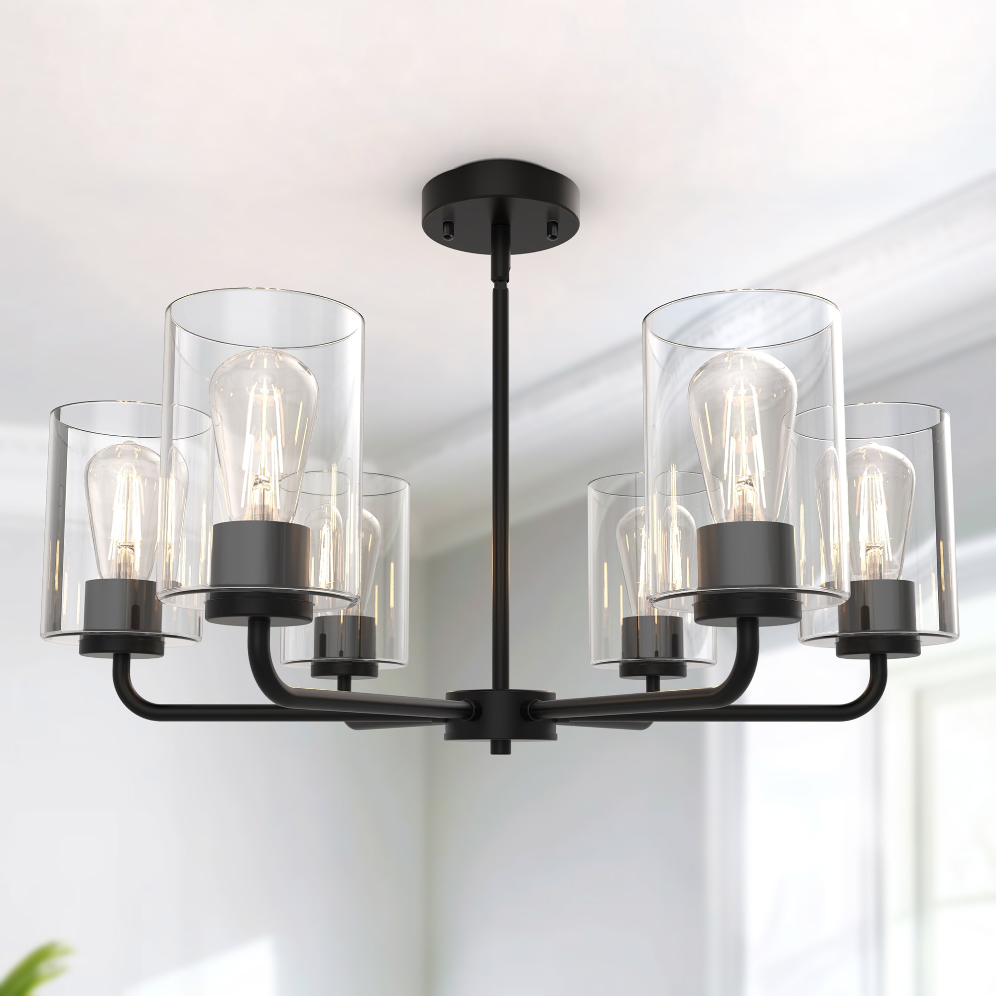 YANSUN LA-ZY-BX09001FBL-11 6 -Light Black Modern/contemporary Clear glass Cylinder Large Hanging Convertible pendant/Semi-flush