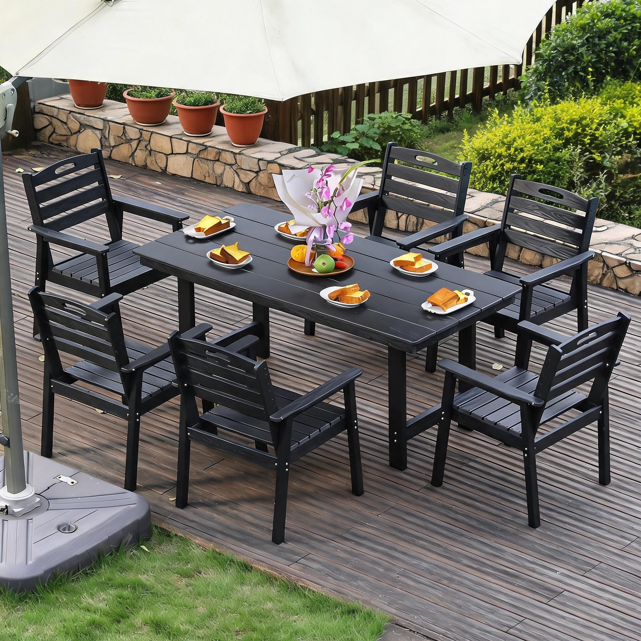 6 seat patio dining set with umbrella MF Studio 6-Piece Outdoor 9 ft Umbrella, 4 Swivel Chai – summitlivin ideal for compact outdoor spaces Seater Patio Dining Table With