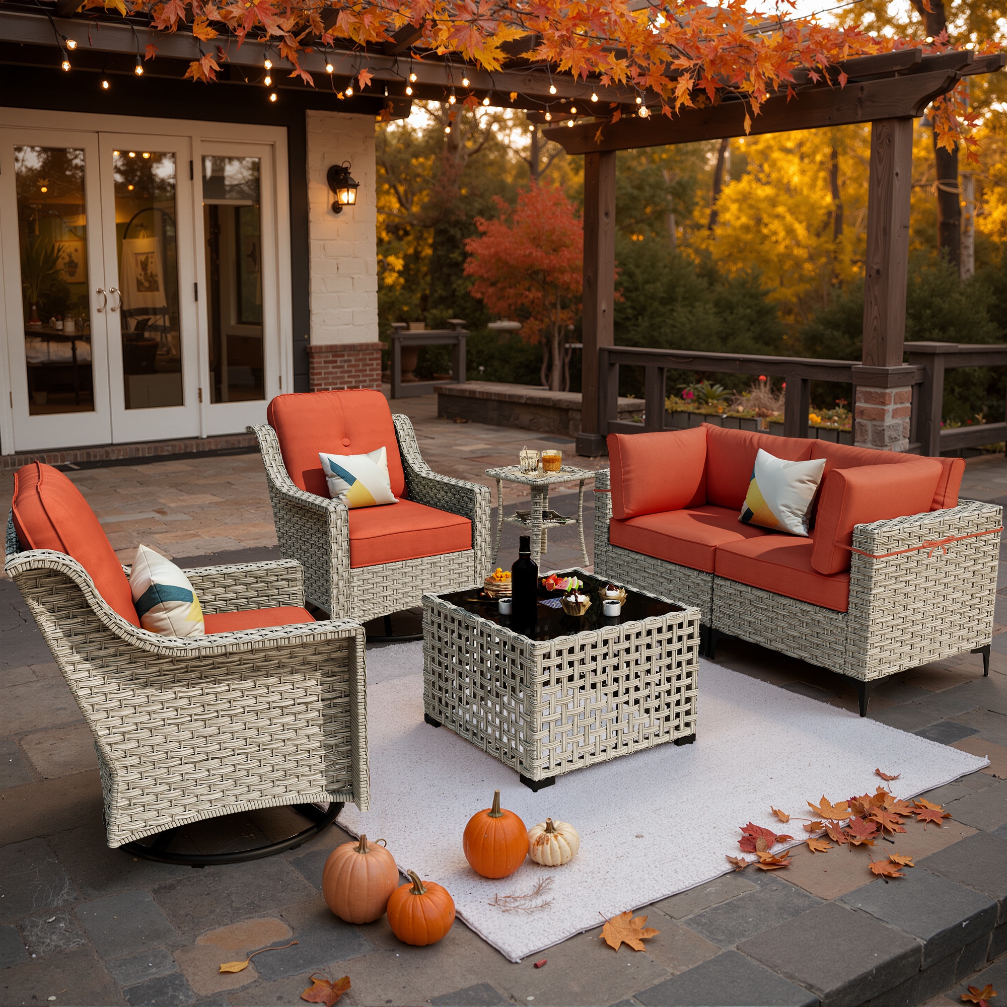 XIZZI XISKT8C163-RC3 Amber Rattan Outdoor Sectional with Orange Cushions and Rattan Frame