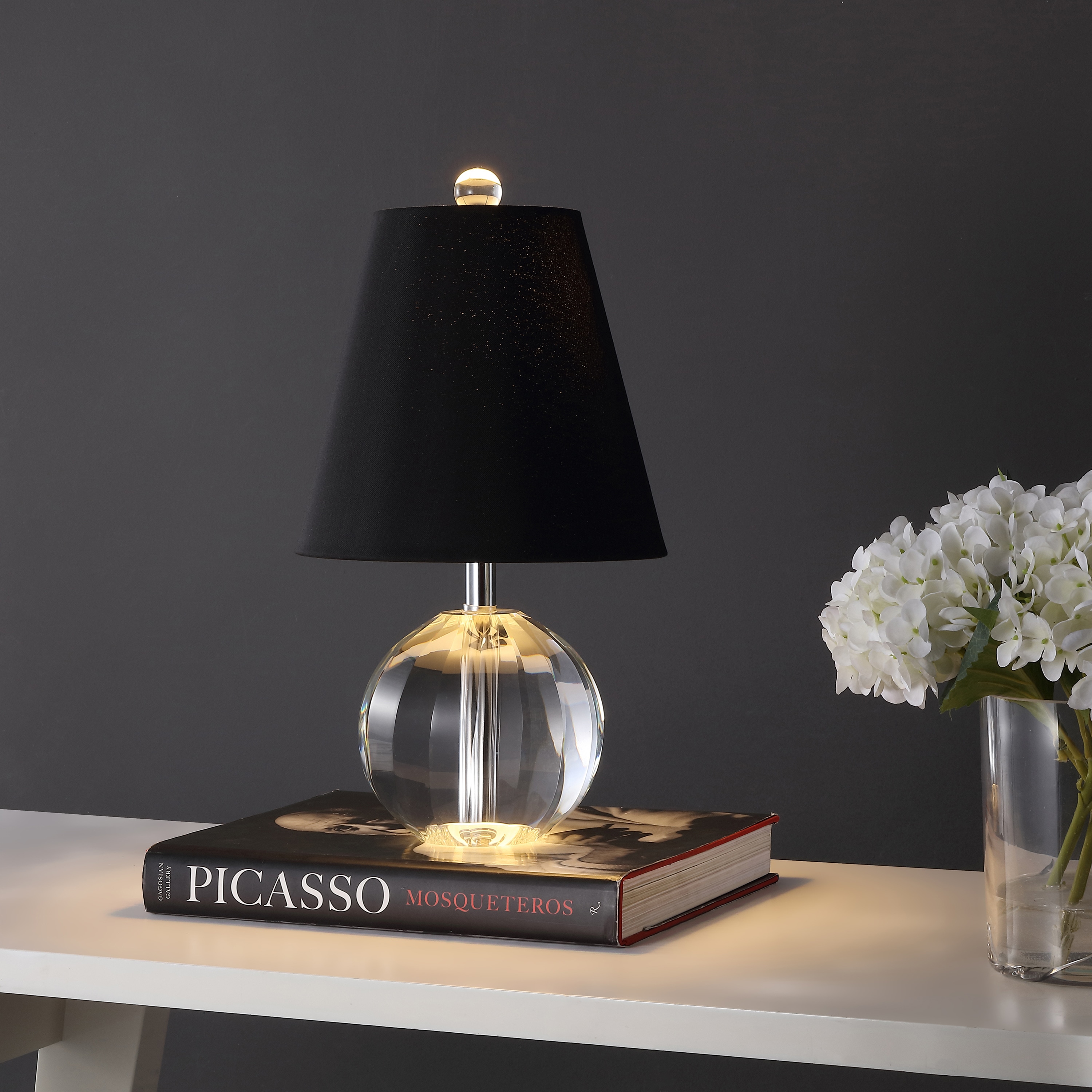 JONATHAN  Y JYL2079B Goddard Crystal Ball/Metal Transitional 16-in Clear/Black LED Rotary socket Table Lamp with Linen Shade