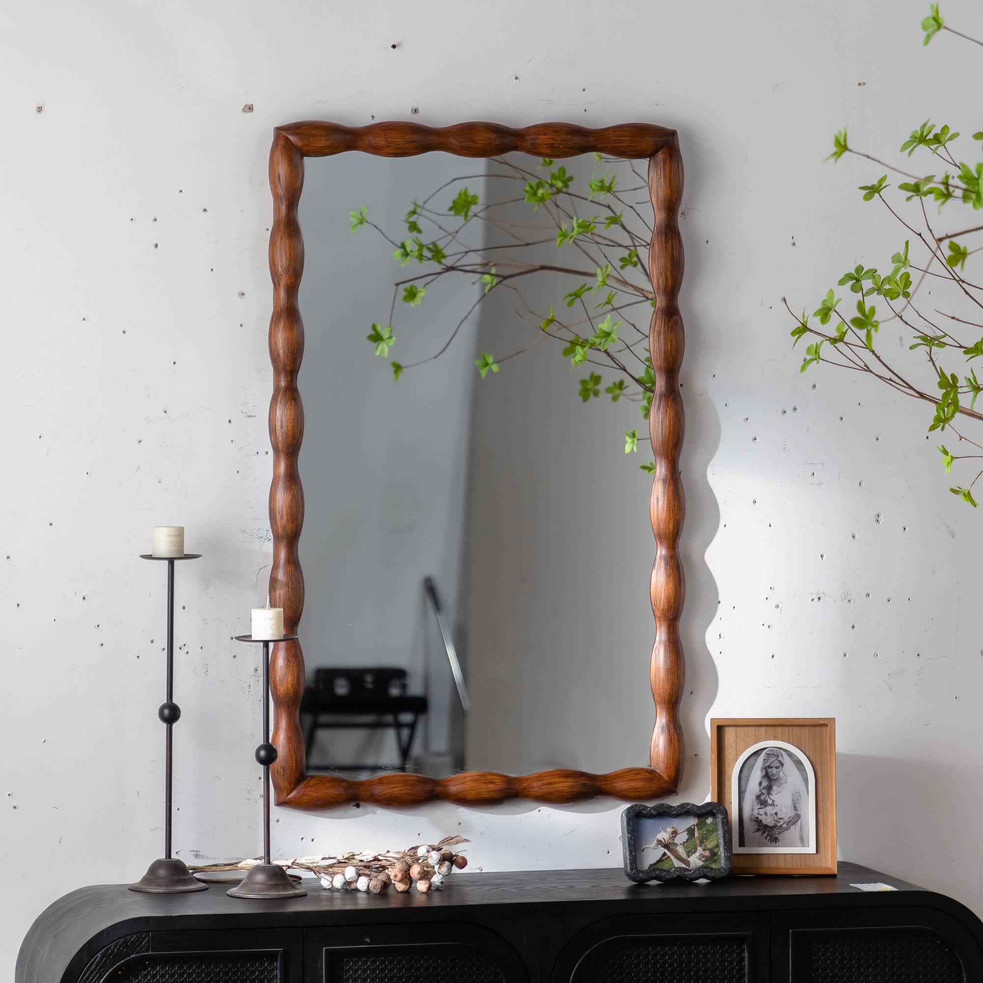 Maison Boucle - 24 in x 36 in Walnut Midcentury Wall Mirror Twisted Solid Wood Frame