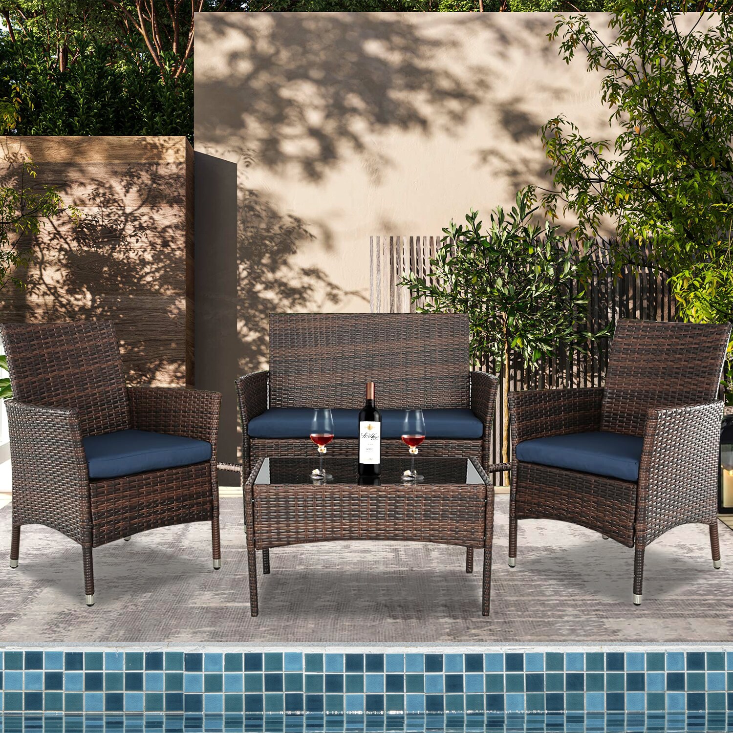 Patio Watcher Patio Set 4-piece Brown Rattan Dining Patio Dining Set 