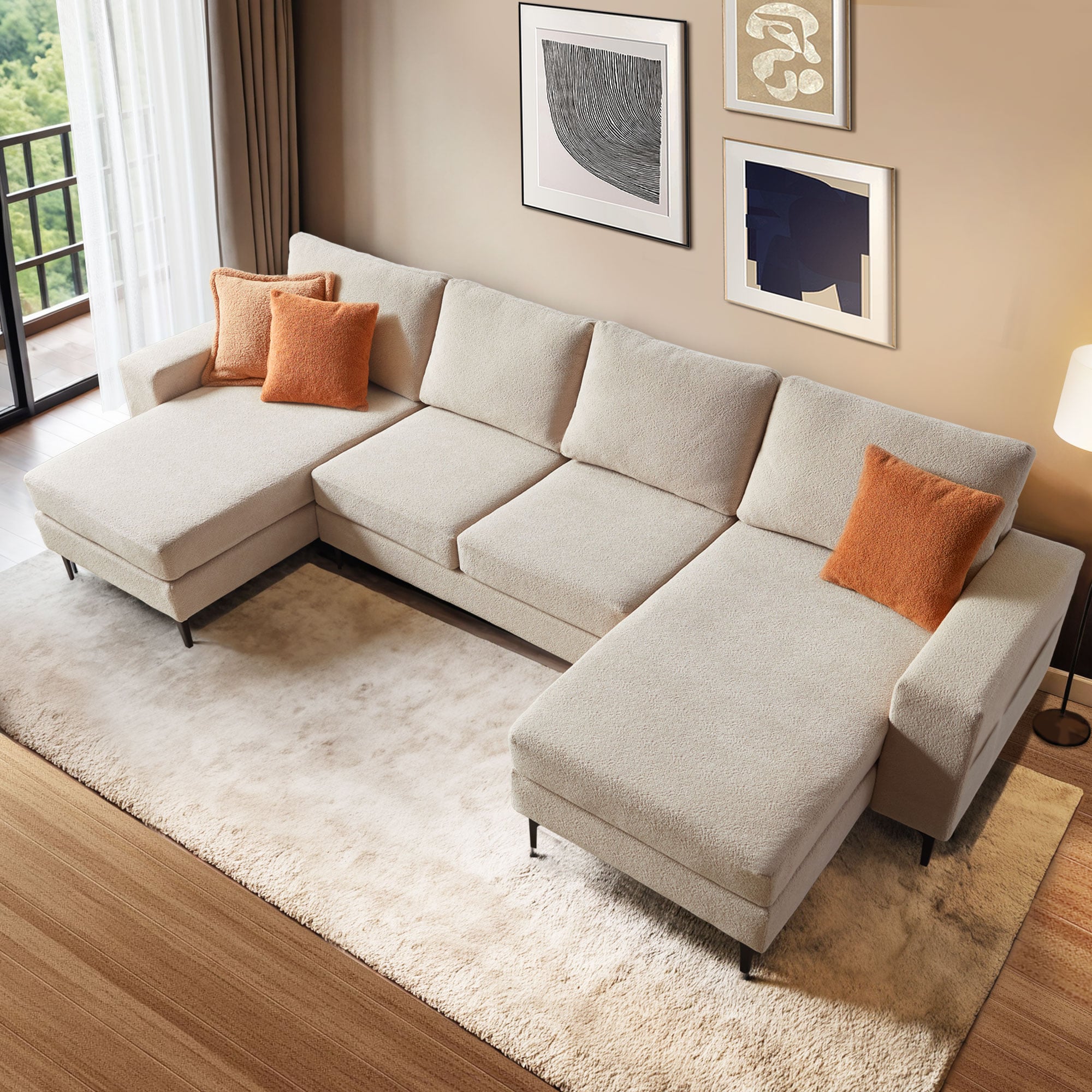 Pouuin SKIKI-810 125.98-in Modern Camel Cloud Velvet Velvet 4 -seater Sofa