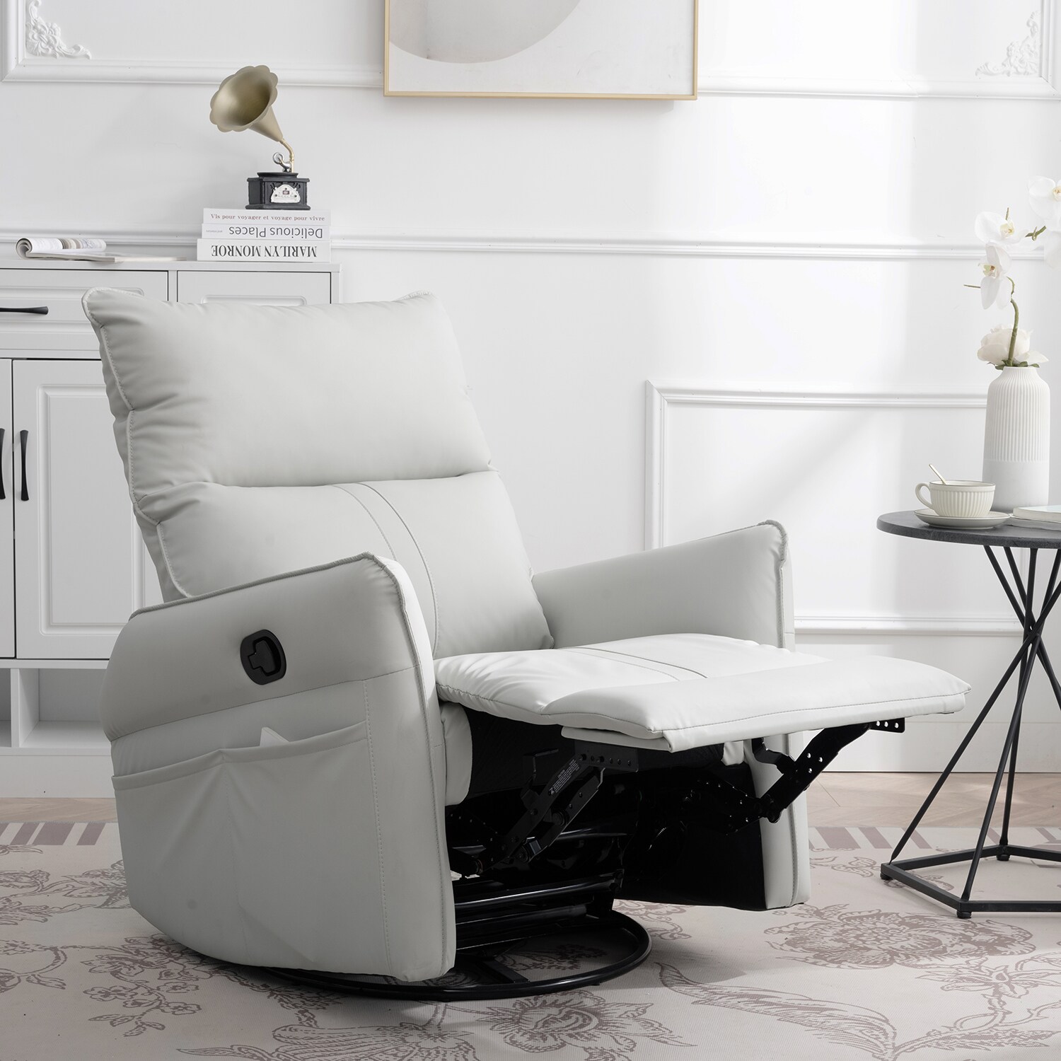 GZMR GM-W1003 Swivel Nursery Rocking Glider Recliner Chair Light Gray Faux leather Upholstered Swivel Powered Reclining Recliner