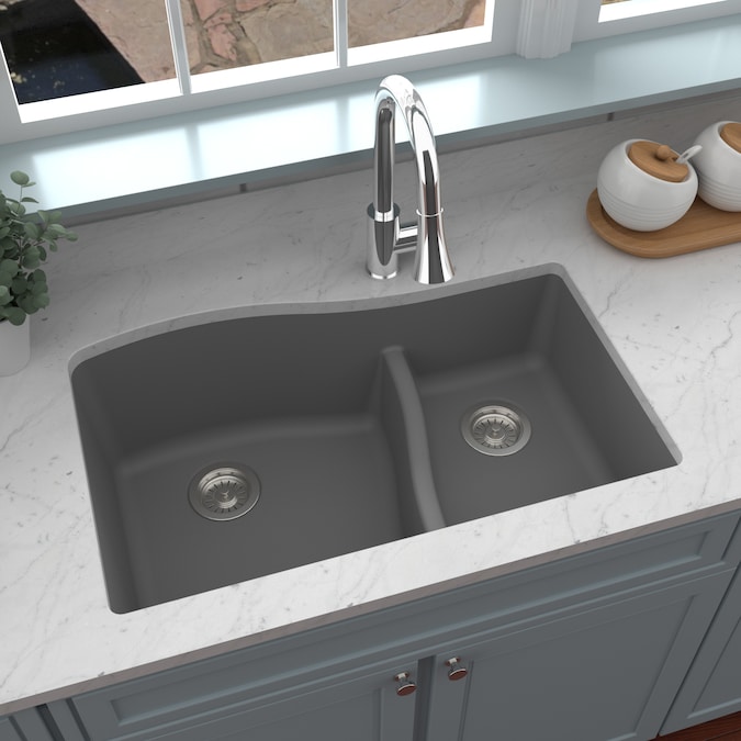 Karran Undermount 32 In X 21 In Grey Double Offset Bowl Kitchen Sink In The Kitchen Sinks Department At Lowes Com