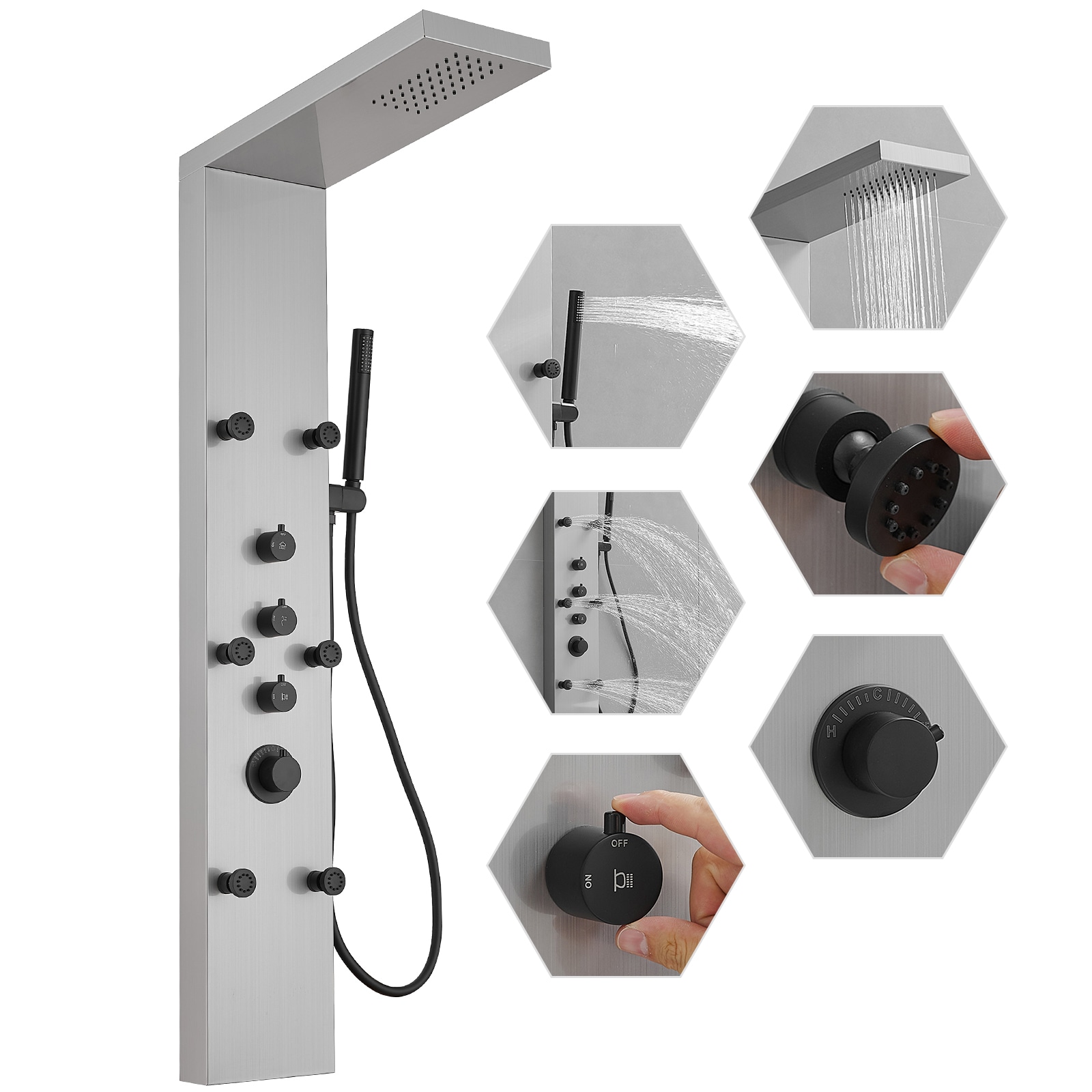 BWE YTP10-BNK Onyx SPA All-in-One Black and Nickel 20-in Waterfall Dual Head Shower Tower System with 3-way Diverter ( Ceramic Disc Valve Included )