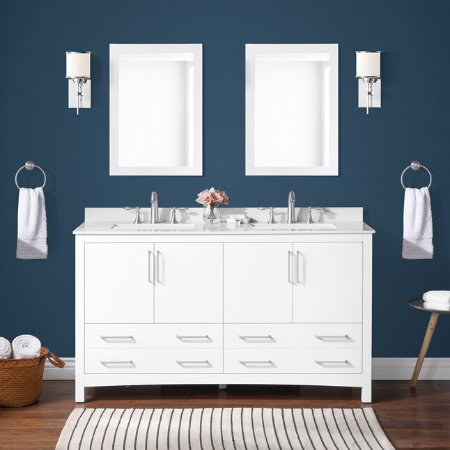 Allen Roth Bellezzo 60 In White, 60 In White Double Sink Bathroom Vanity With Engineered Stone Top