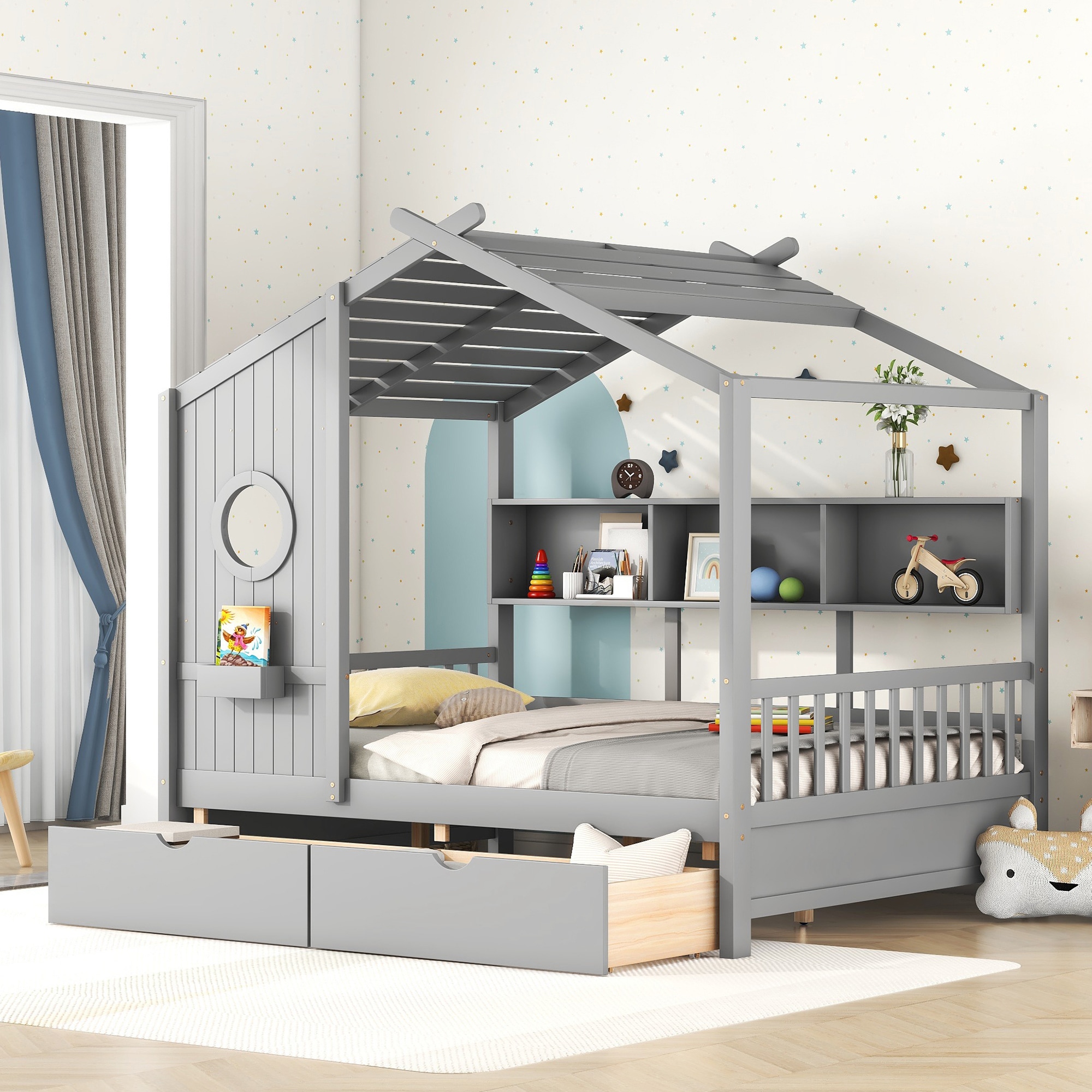 ModernLuxe L3P-HL000052AAE Wooden Full Size House Bed with 2 DrawersKids Bed with Storage ShelfGray