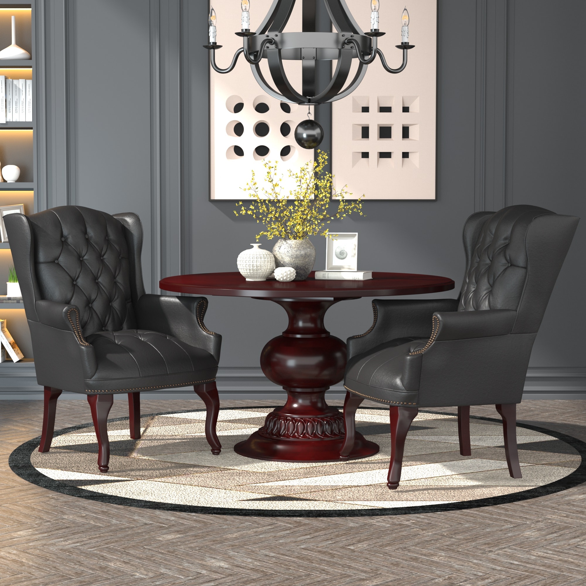 Ergonomic Wingback Vinyl Guest Chair with Mahogany Wood Base - Black