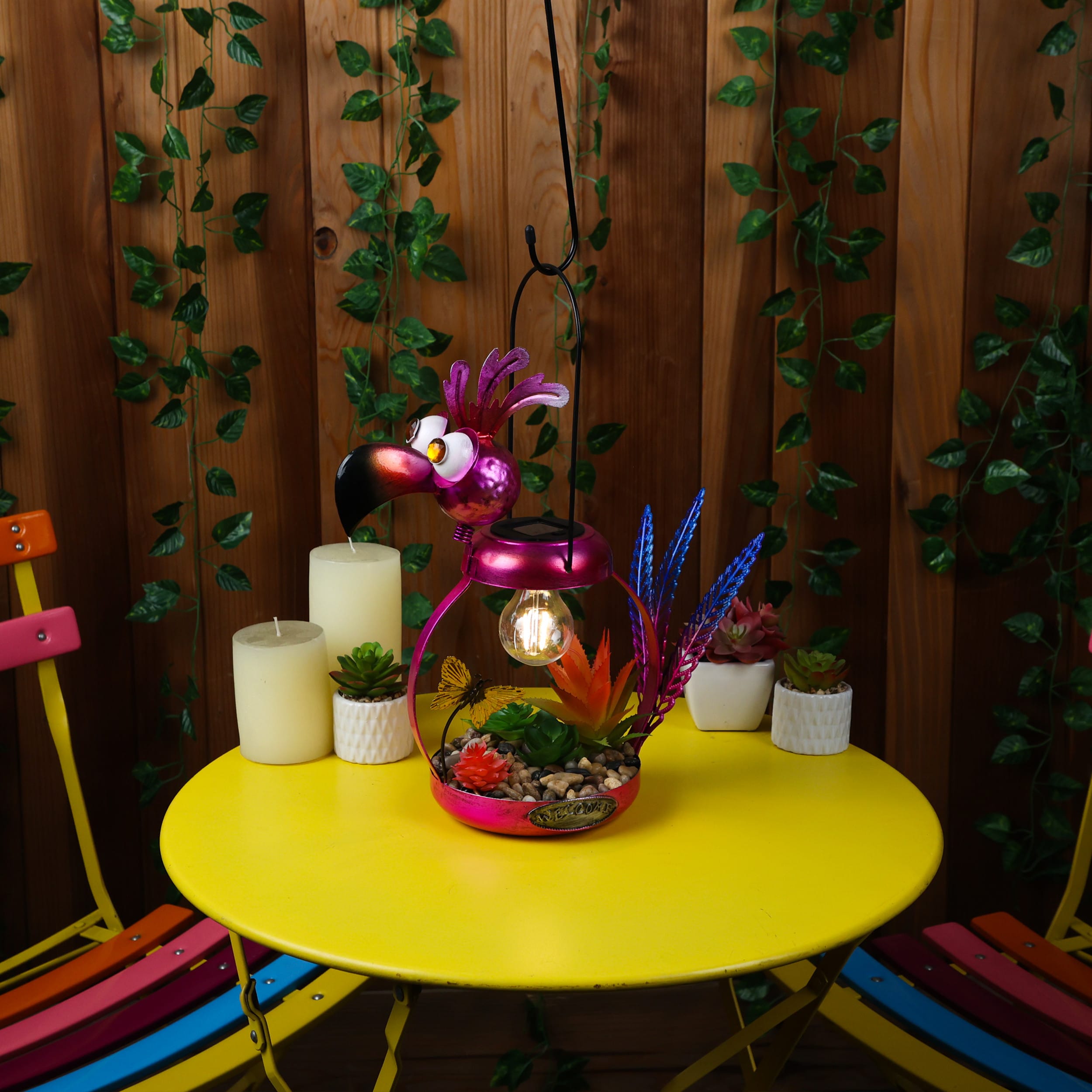 16" Solar Pink Flamingo Metal Garden Decor with LED Light